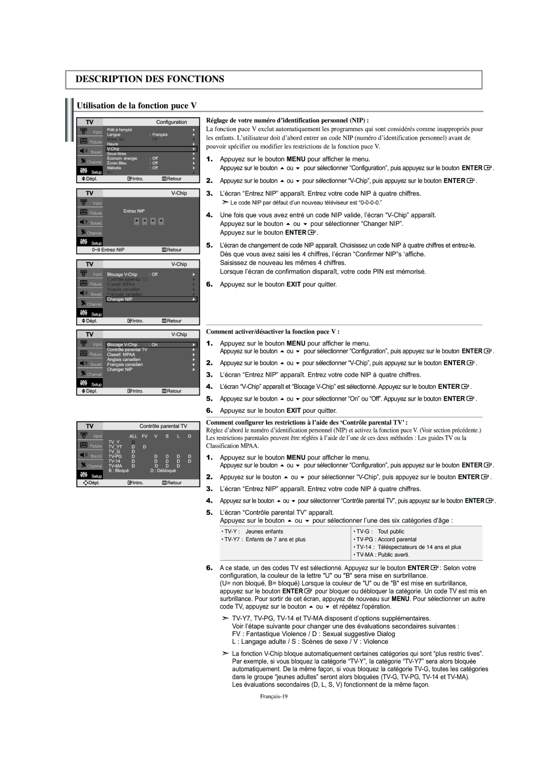 Samsung LN-S2352W manual Utilisation de la fonction puce, Réglage de votre numéro d’identification personnel NIP 