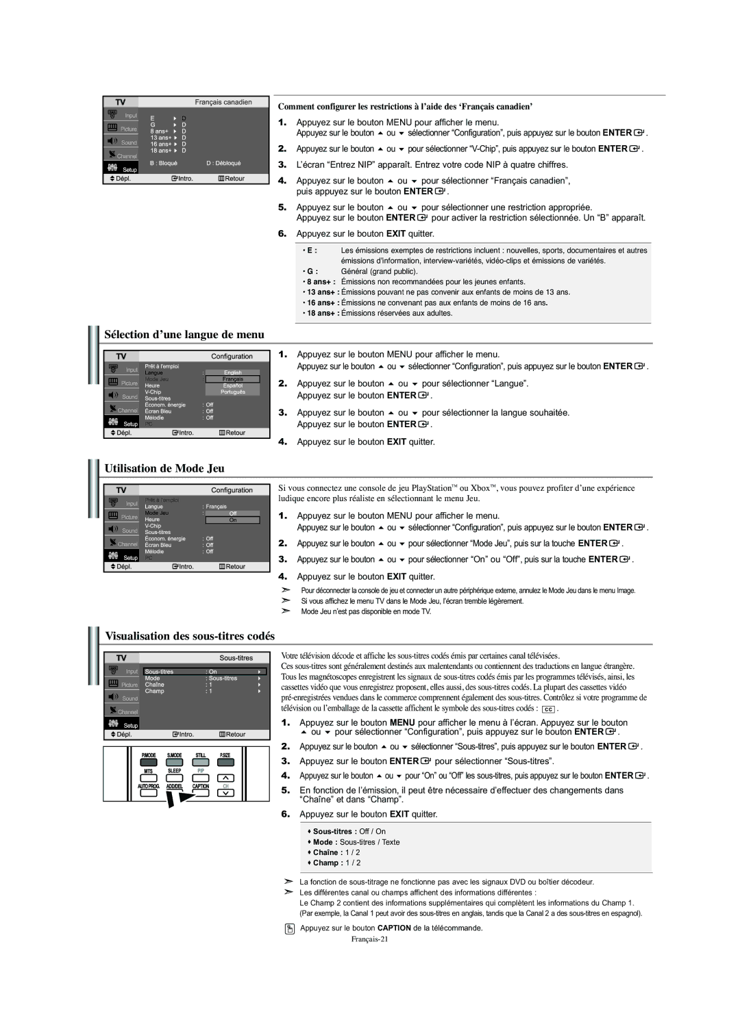 Samsung LN-S2352W manual Sélection d’une langue de menu, Utilisation de Mode Jeu, Visualisation des sous-titres codés 