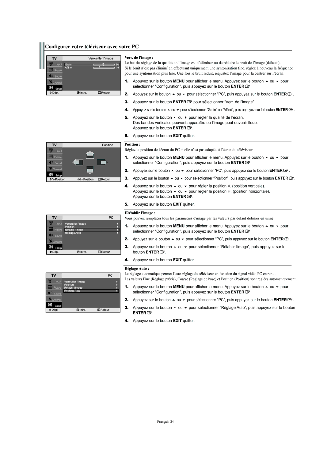 Samsung LN-S2352W manual Configurer votre téléviseur avec votre PC, Verr. de limage, IRétablir limage, Réglage Auto 