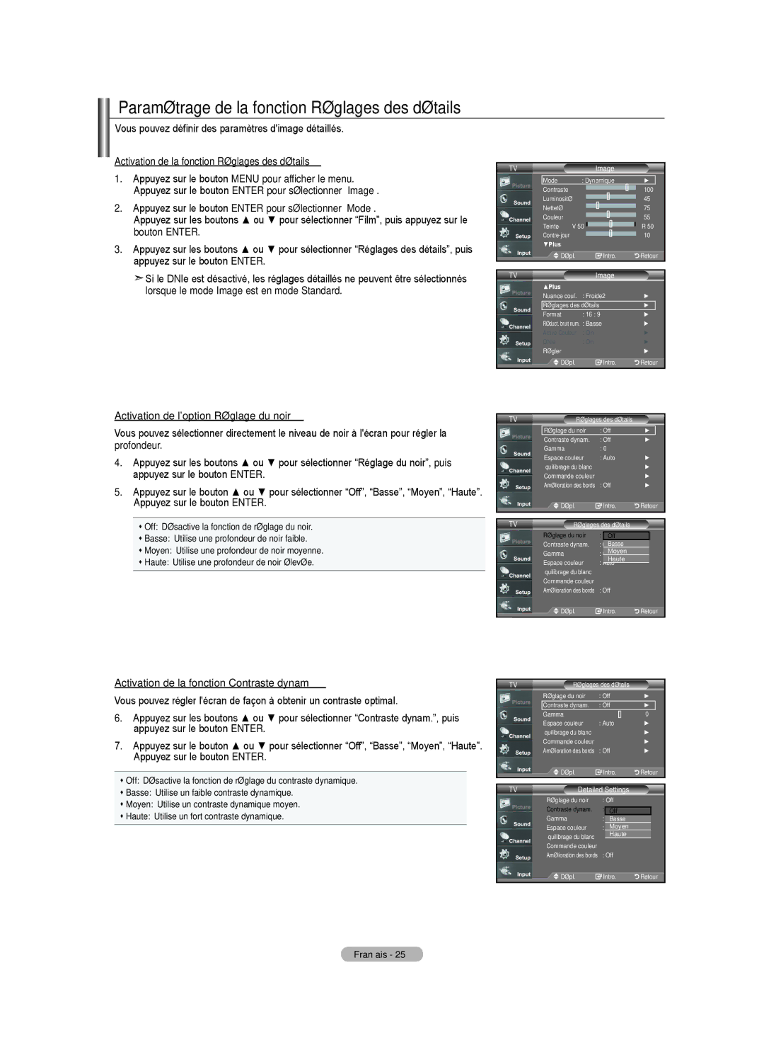 Samsung LN-T4642H Paramétrage de la fonction Réglages des détails, Vous pouvez définir des paramètres dimage détaillés 