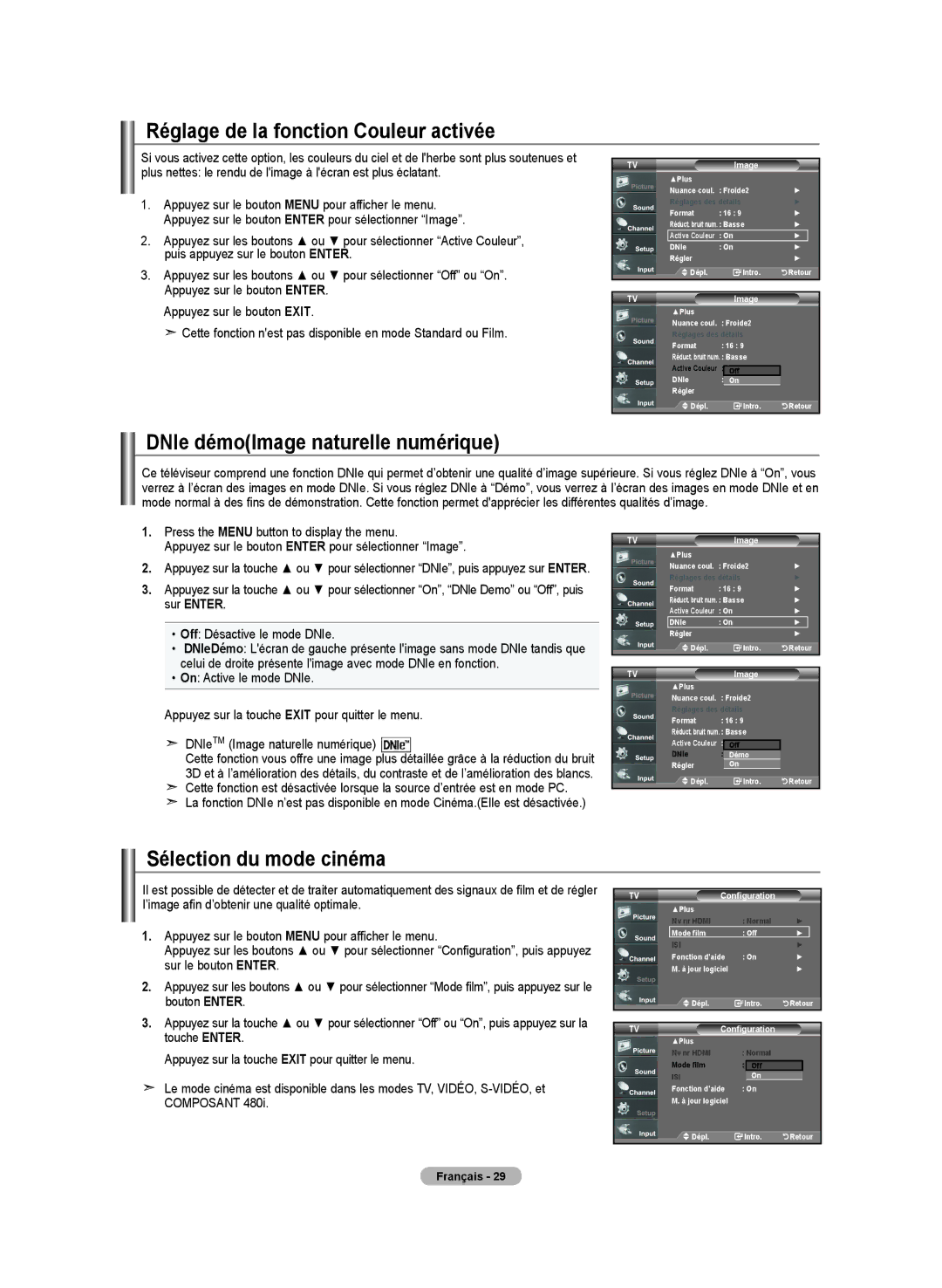 Samsung LN-T4642H Réglage de la fonction Couleur activée, DNIe démoImage naturelle numérique, Sélection du mode cinéma 