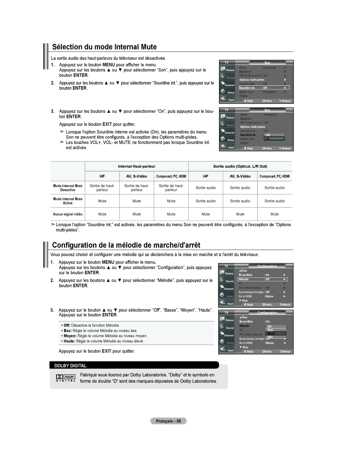 Samsung LN-T4642H manual Sélection du mode Internal Mute, Configuration de la mélodie de marche/darrêt 