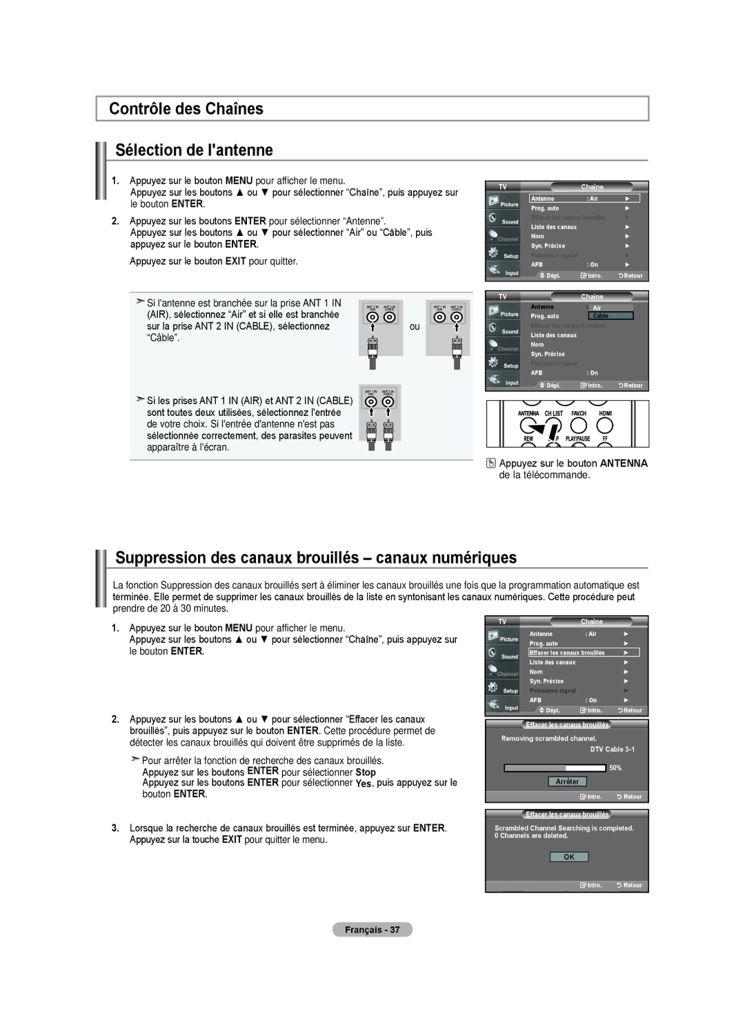 Samsung LN-T4642H manual Contrôle des Chaînes Sélection de lantenne, Suppression des canaux brouillés canaux numériques 