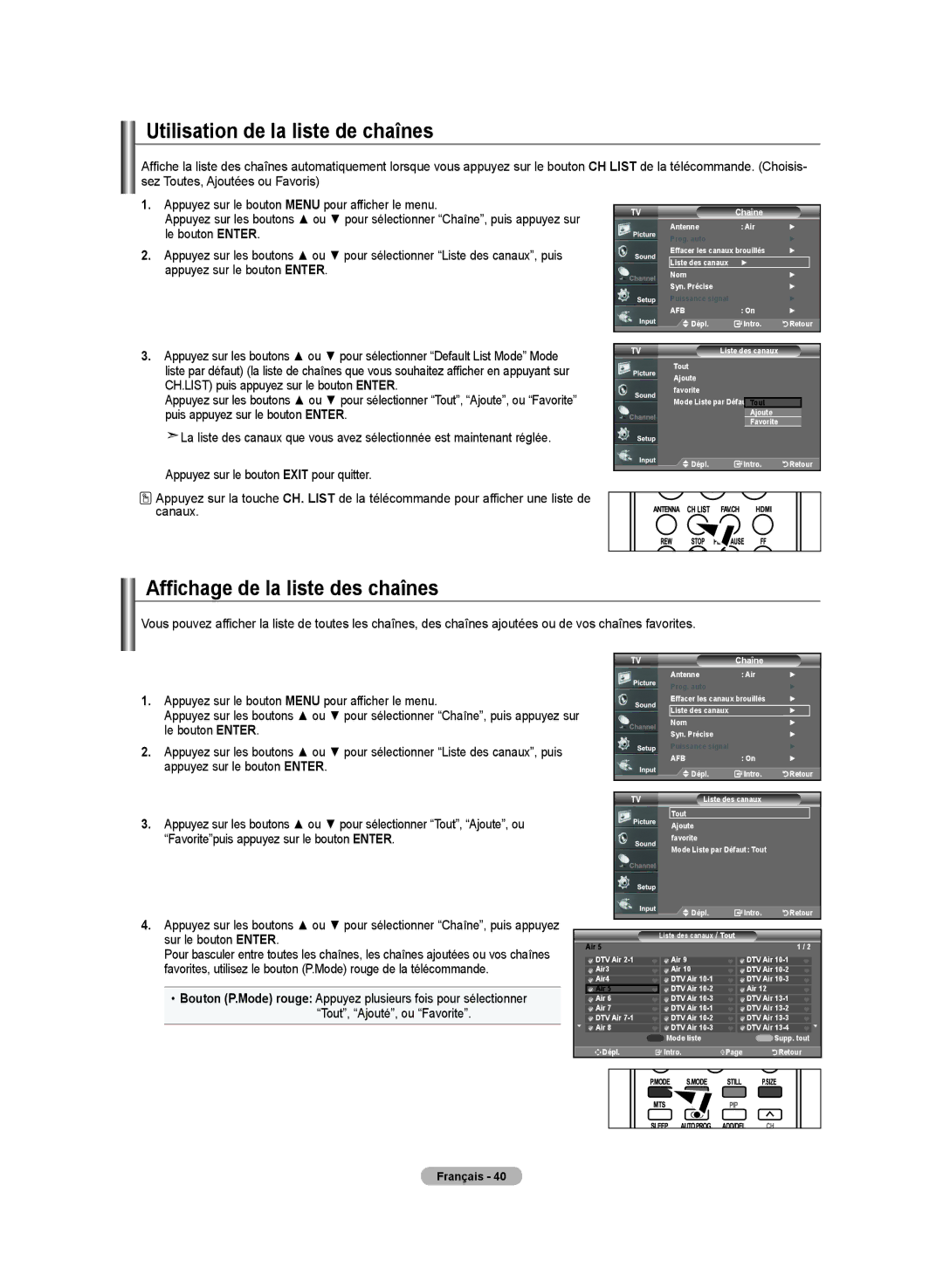 Samsung LN-T4642H manual Utilisation de la liste de chaînes, Affichage de la liste des chaînes 