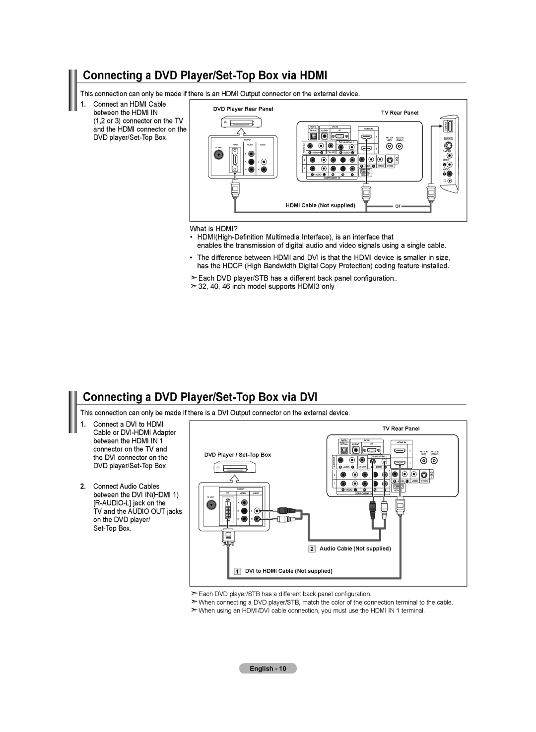 Samsung LN-T4642H manual Connecting a DVD Player/Set-Top Box via Hdmi, Connecting a DVD Player/Set-Top Box via DVI 