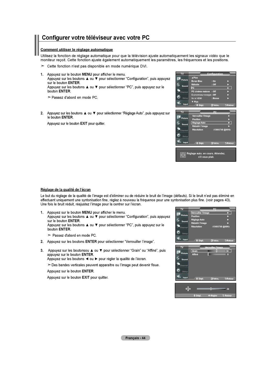 Samsung LN-T4642H manual Configurer votre téléviseur avec votre PC, Comment utiliser le réglage automatique 