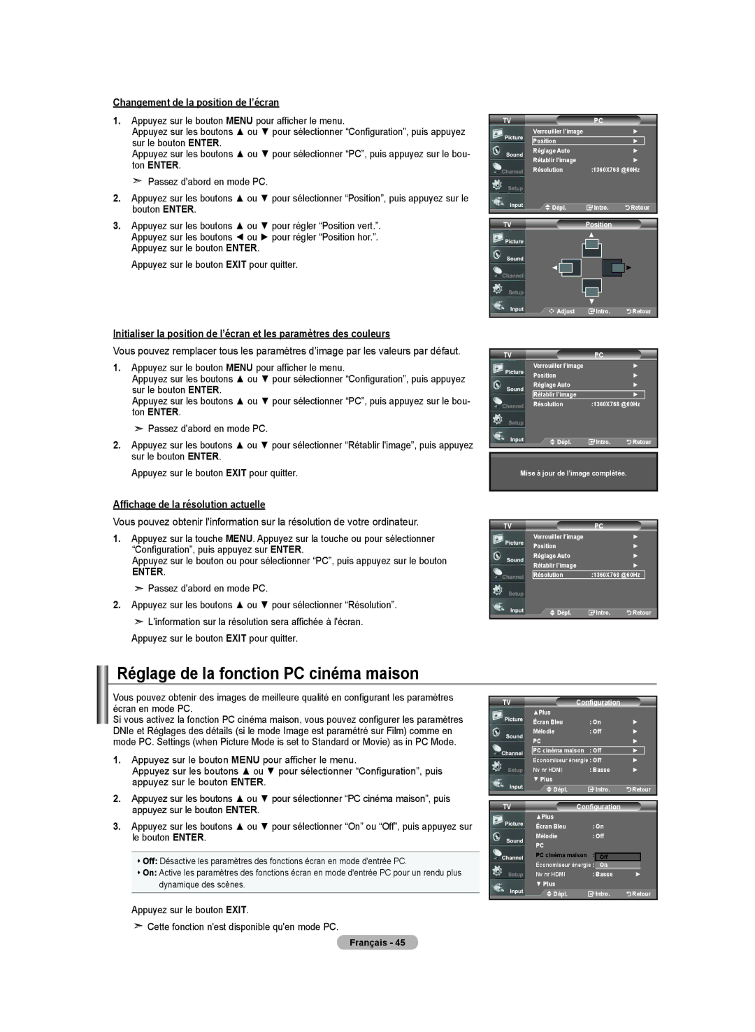 Samsung LN-T4642H manual Réglage de la fonction PC cinéma maison, Changement de la position de l’écran 