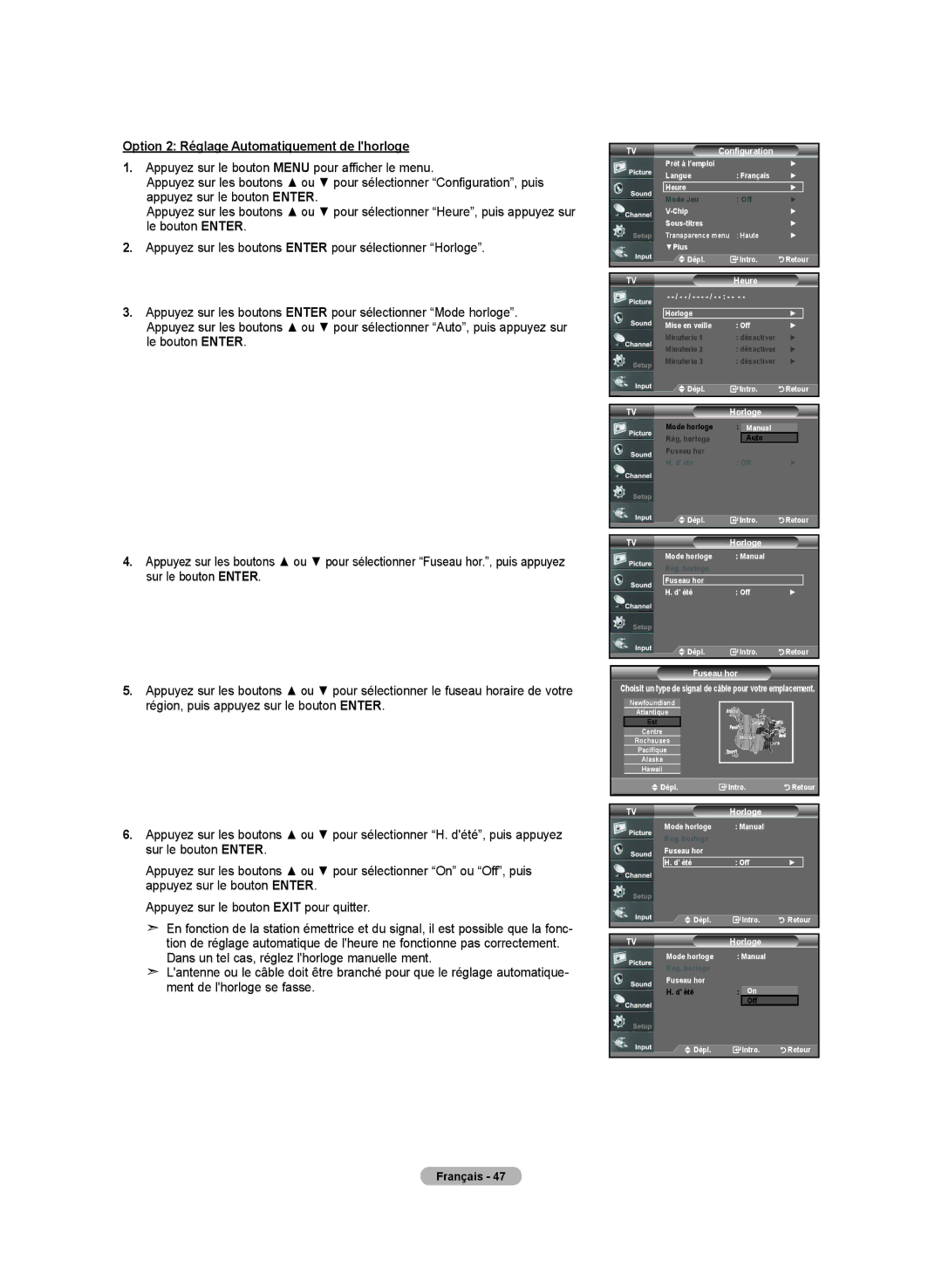 Samsung LN-T4642H manual Option 2 Réglage Automatiquement de lhorloge, Horloge 