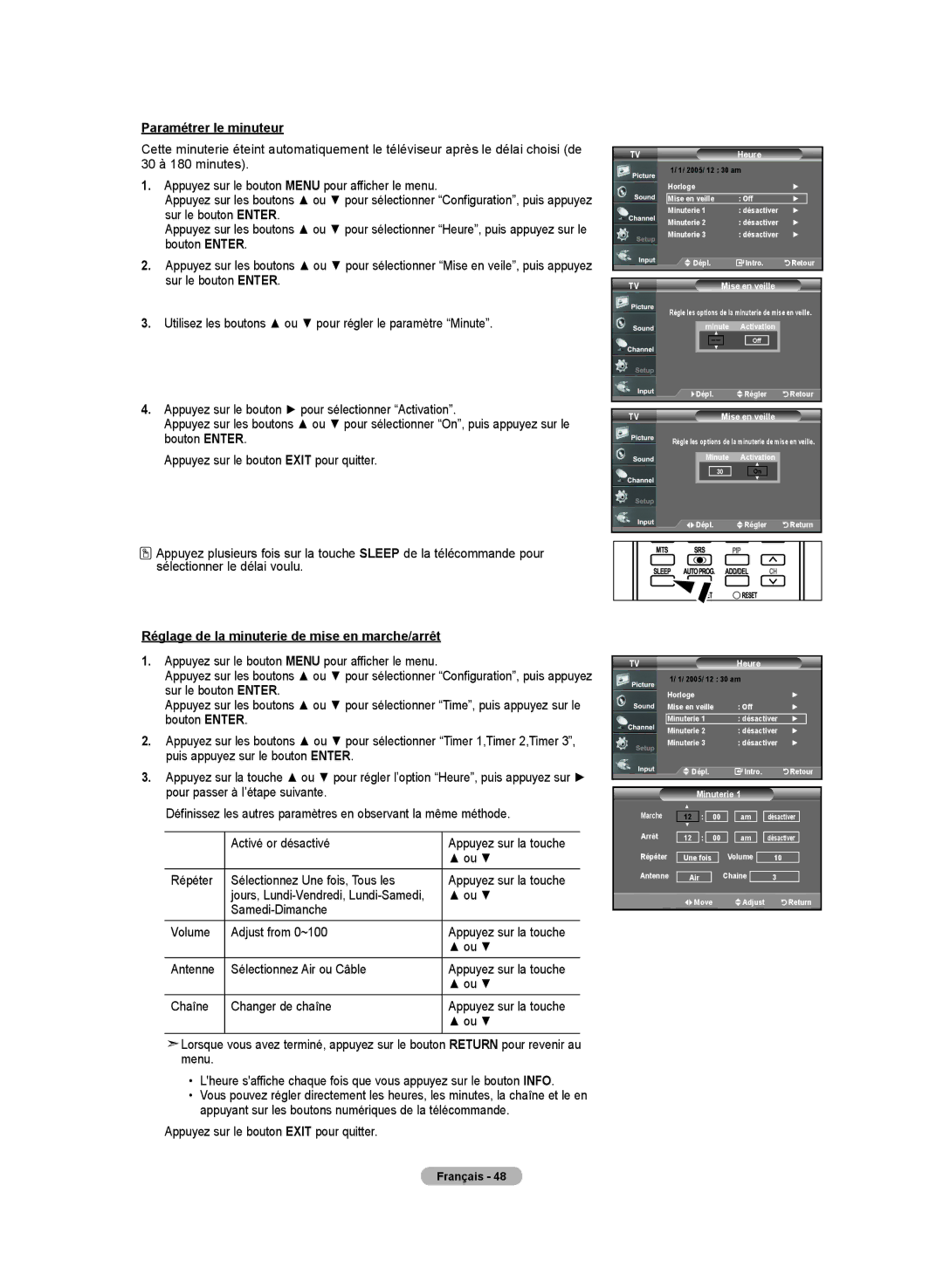 Samsung LN-T4642H manual Paramétrer le minuteur, Réglage de la minuterie de mise en marche/arrêt 