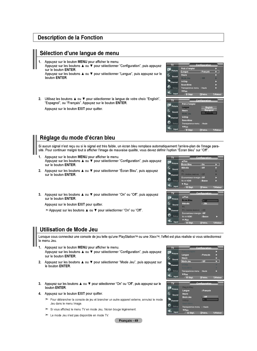 Samsung LN-T4642H manual Description de la Fonction Sélection d’une langue de menu, Réglage du mode d’écran bleu 