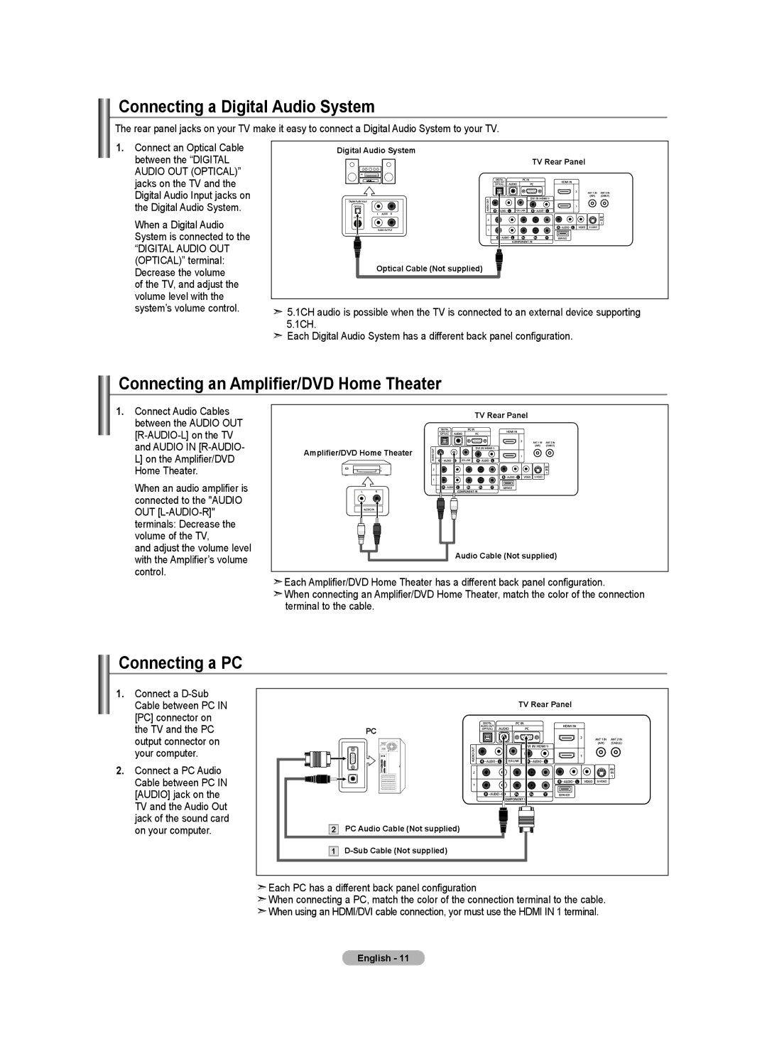 Samsung LN-T4642H manual Connecting a Digital Audio System, Connecting an Amplifier/DVD Home Theater, Connecting a PC 