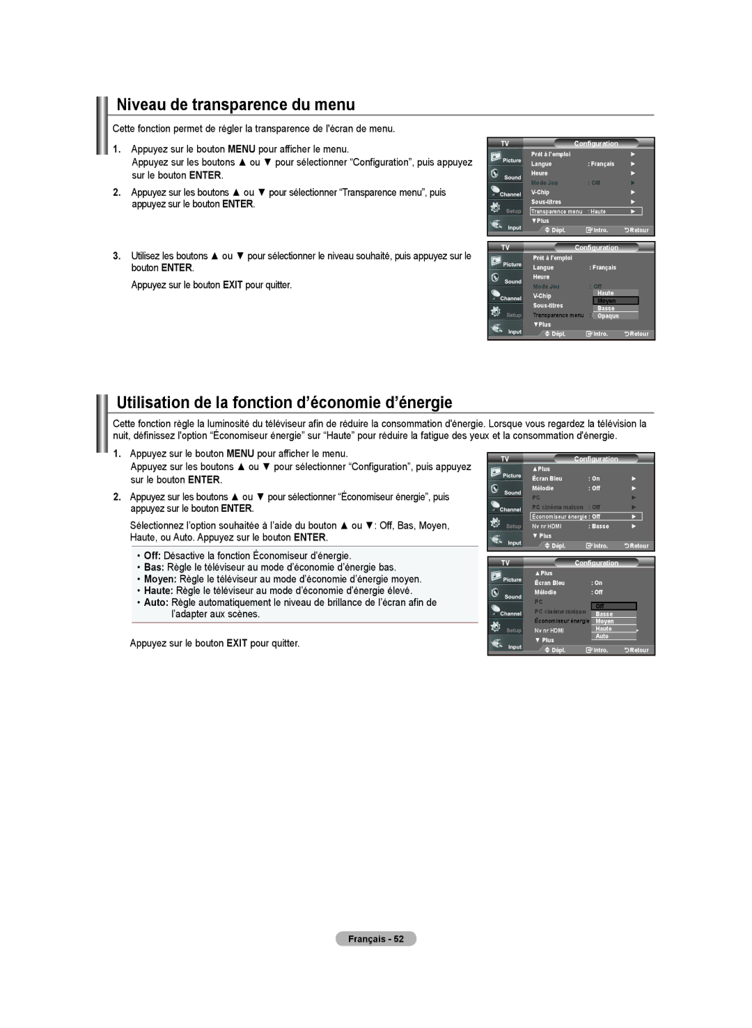 Samsung LN-T4642H manual Niveau de transparence du menu, Utilisation de la fonction d’économie d’énergie 