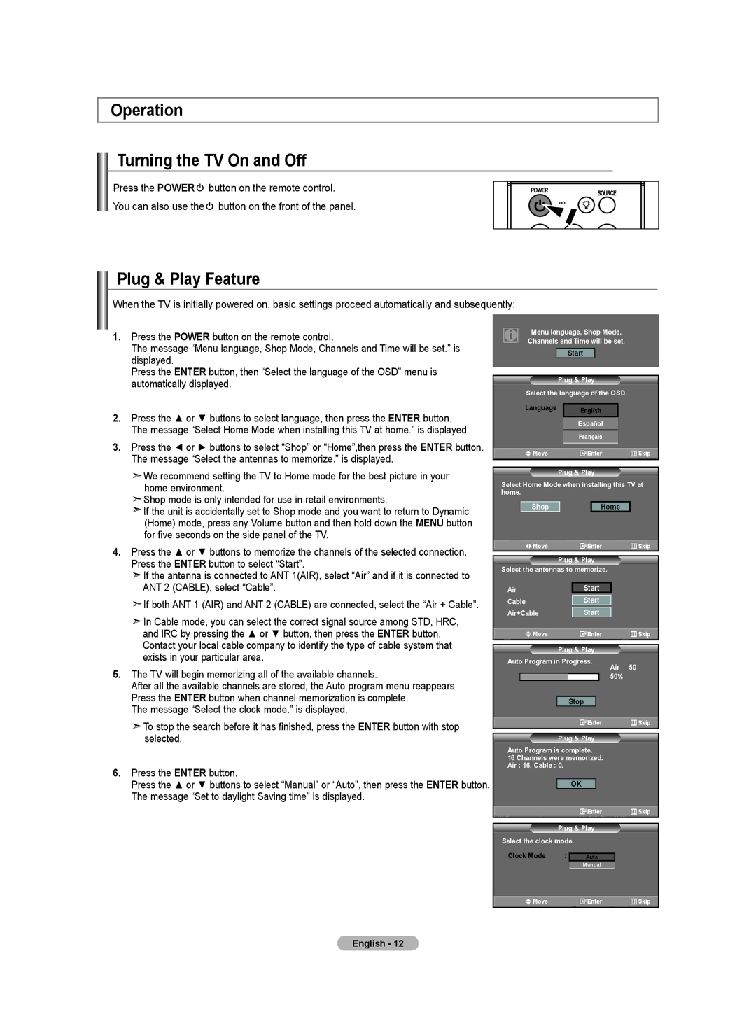 Samsung LN-T4642H manual Operation Turning the TV On and Off, Plug & Play Feature 