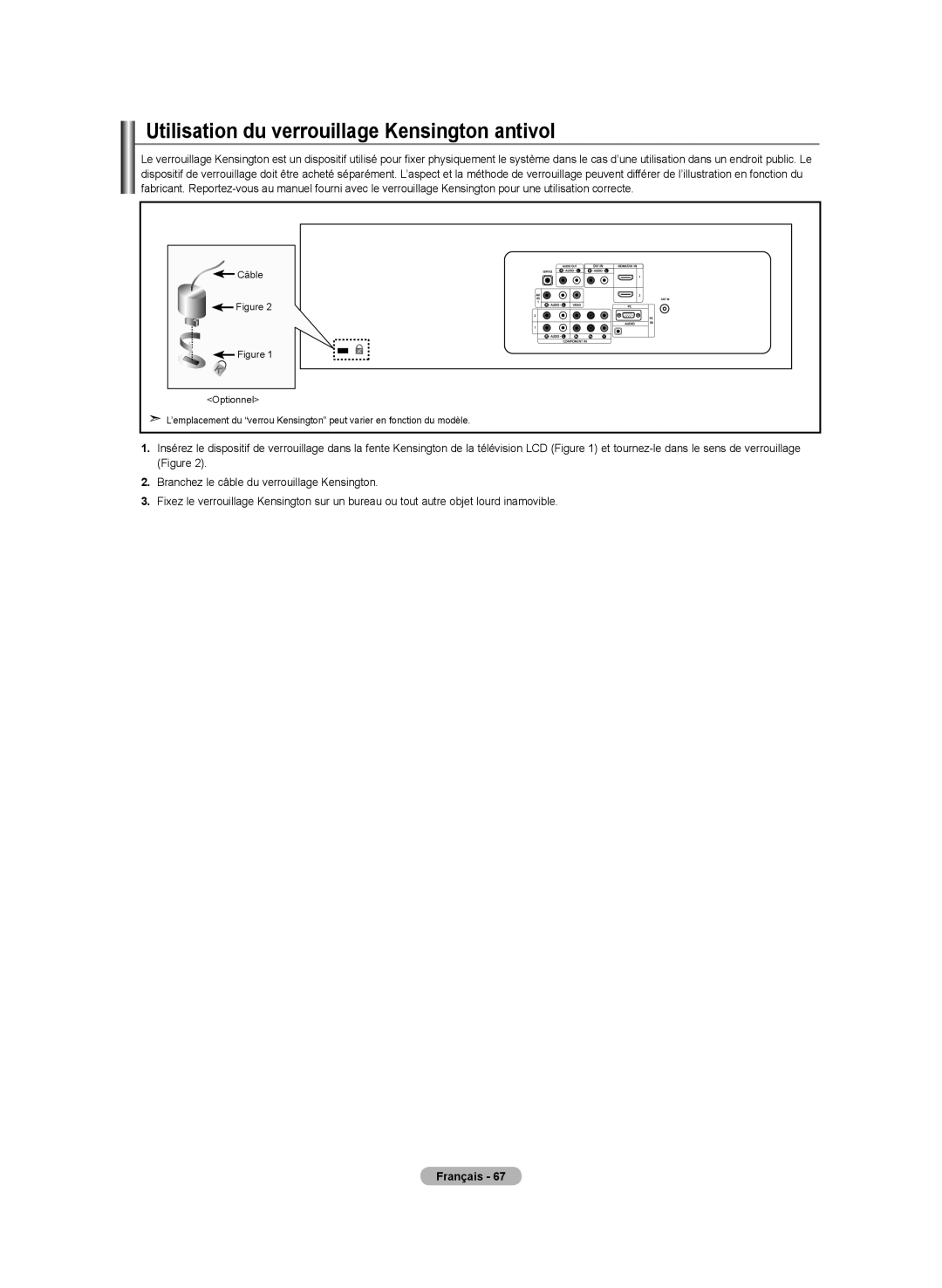 Samsung LN-T4642H manual Utilisation du verrouillage Kensington antivol 