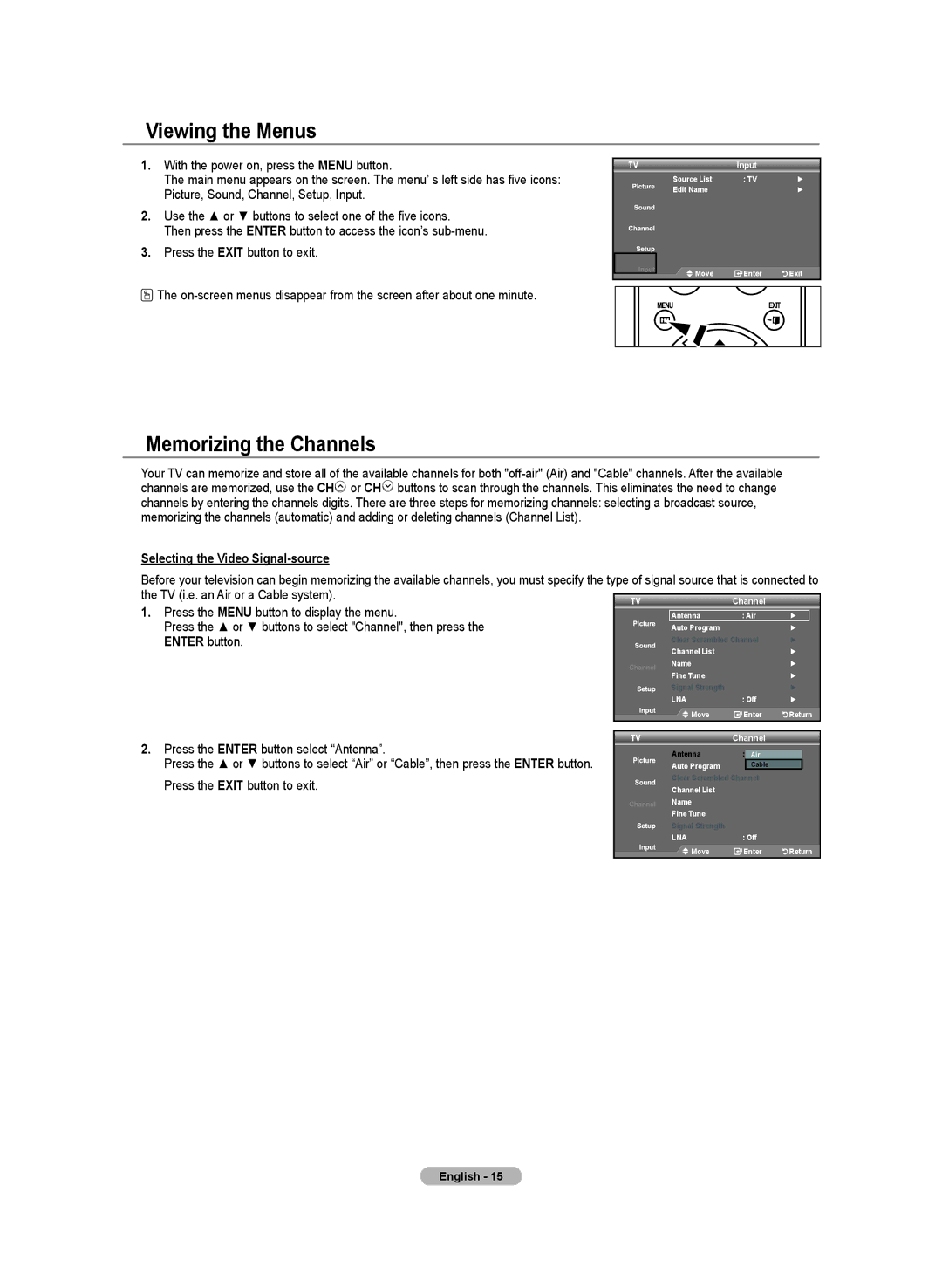 Samsung LN-T4642H manual Viewing the Menus, Memorizing the Channels, Selecting the Video Signal-source, Input 