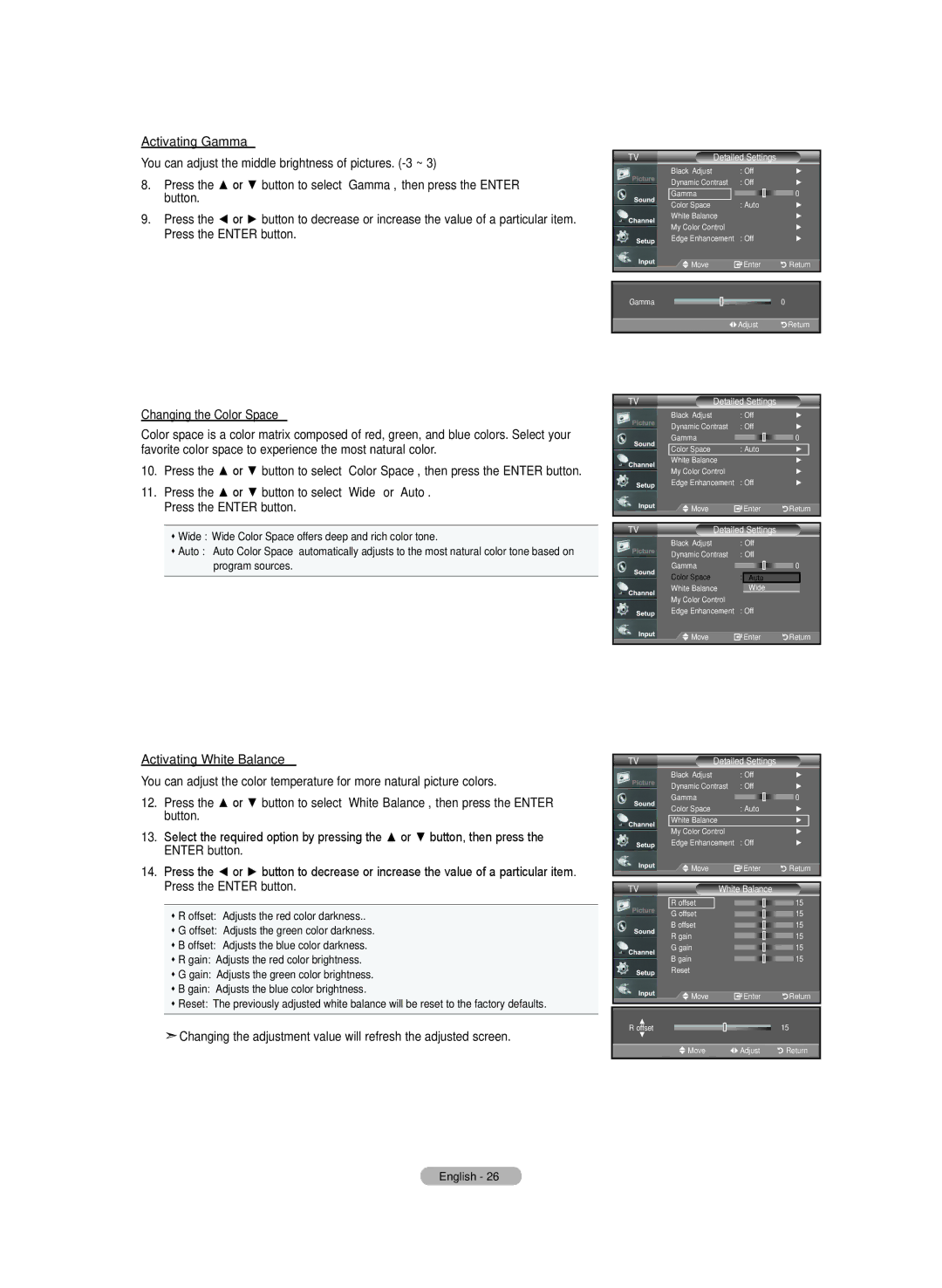 Samsung LN-T4642H manual Activating Gamma, Changing the Color Space, Activating White Balance 