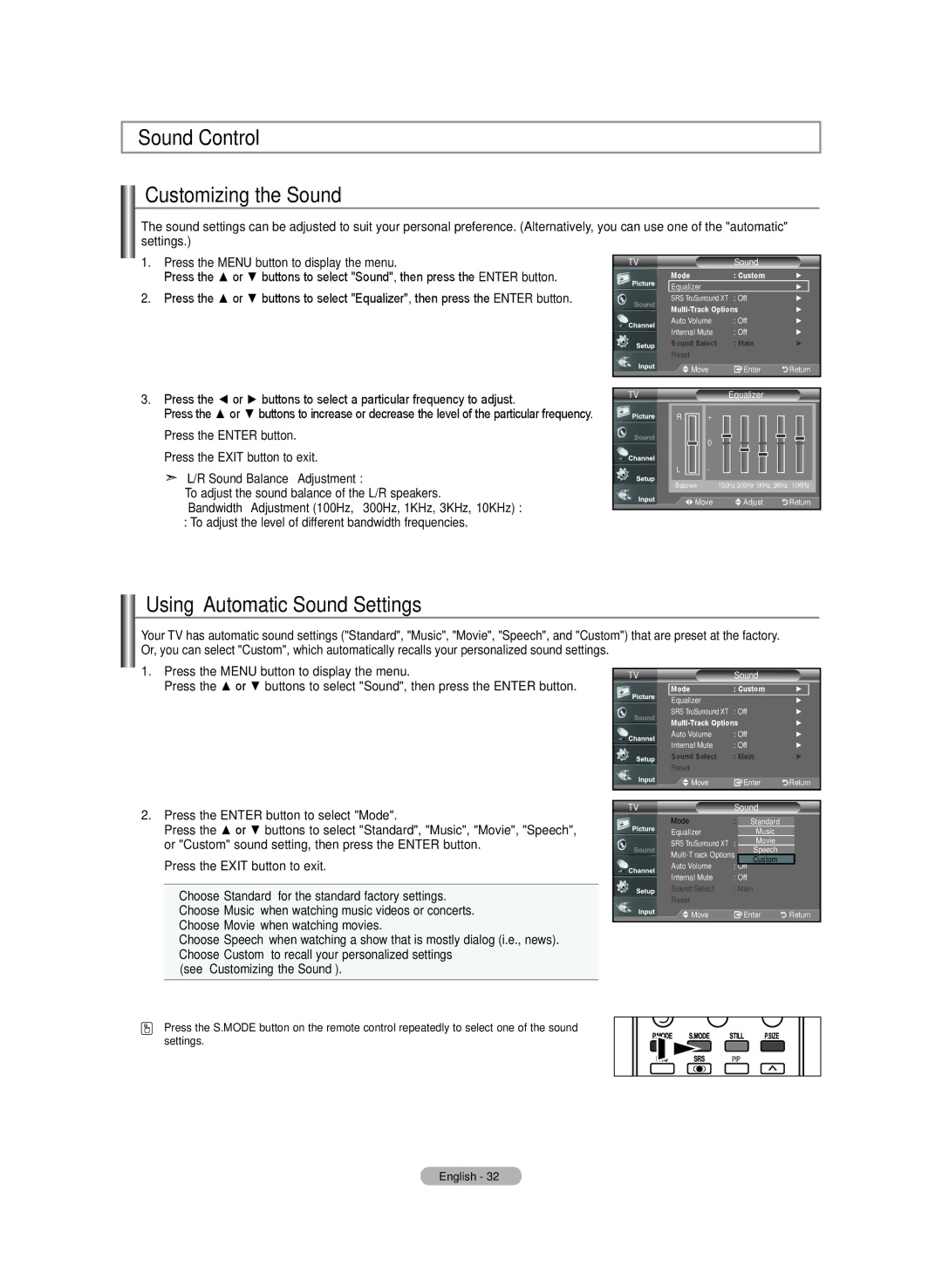 Samsung LN-T4642H manual Sound Control Customizing the Sound, Using Automatic Sound Settings, Sound Balance Adjustment 