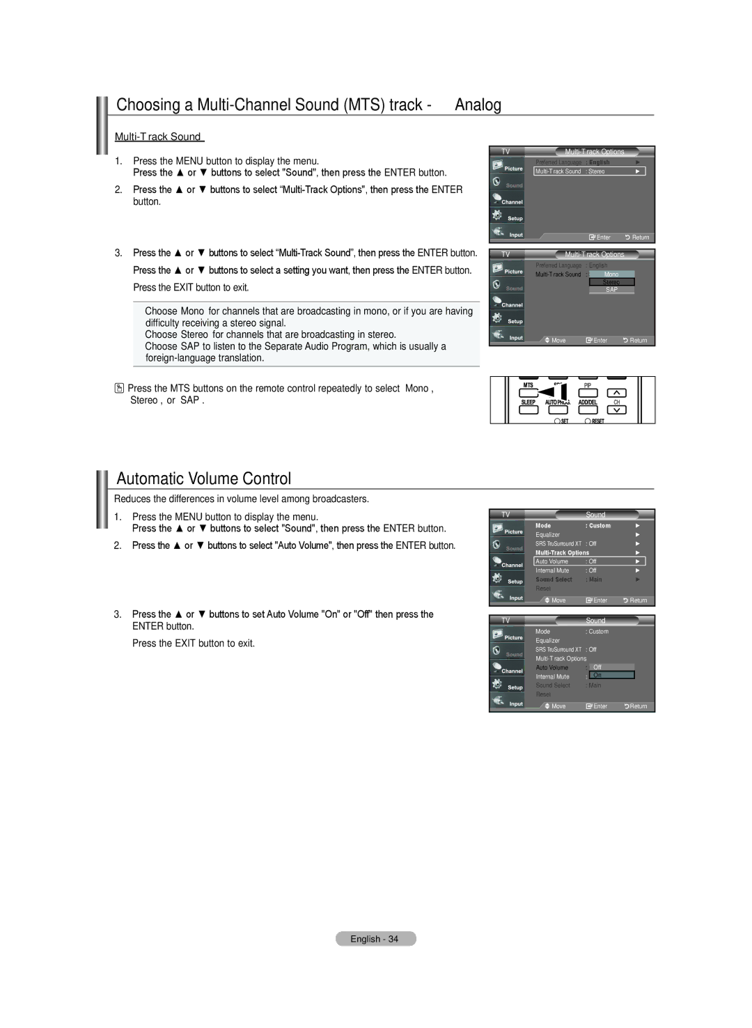 Samsung LN-T4642H manual Choosing a Multi-Channel Sound MTS track Analog, Automatic Volume Control, Multi-Track Sound 