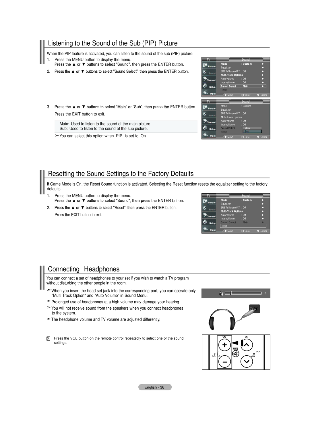 Samsung LN-T4642H Listening to the Sound of the Sub PIP Picture, Resetting the Sound Settings to the Factory Defaults 