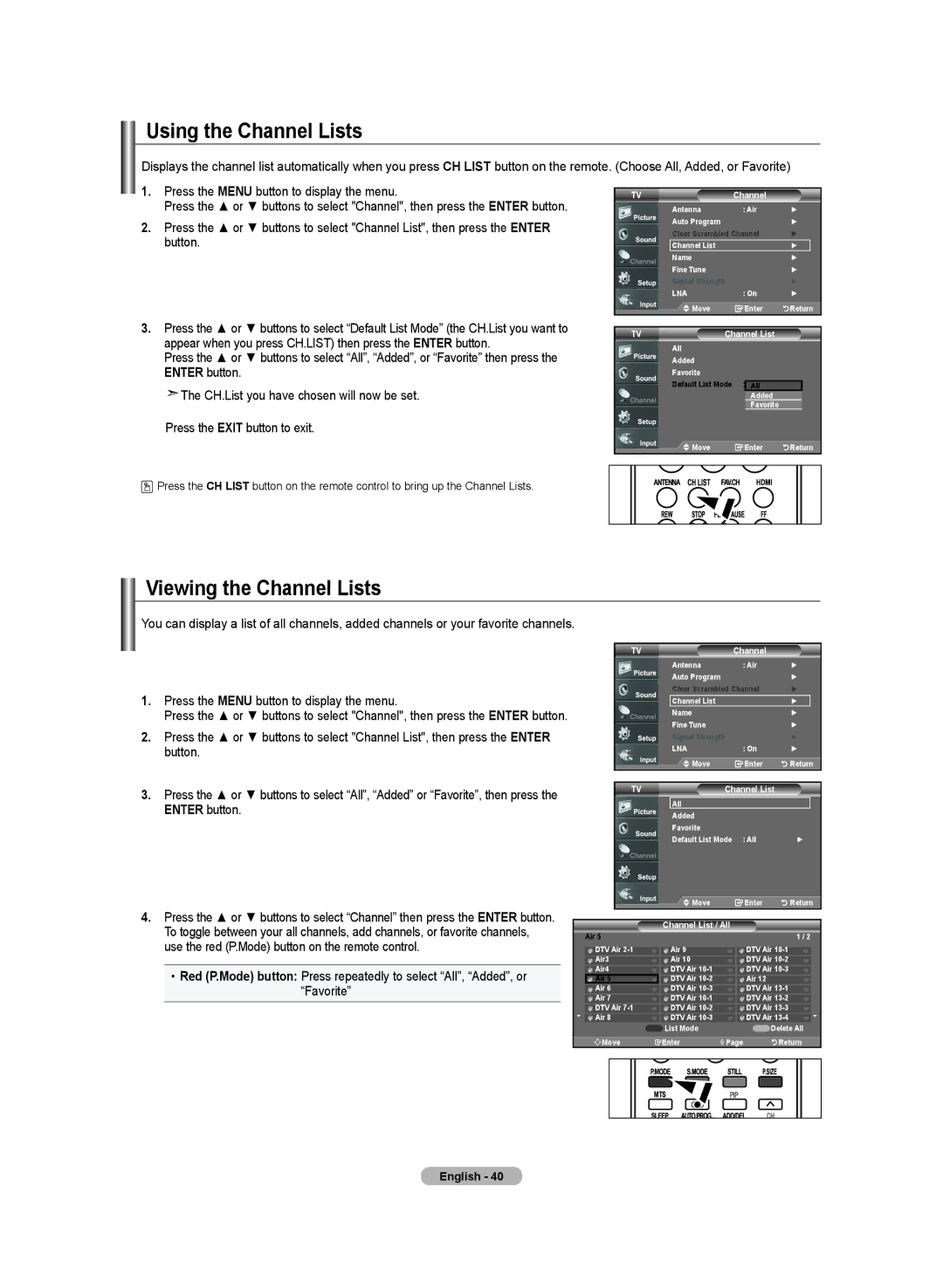 Samsung LN-T4642H manual Using the Channel Lists, Viewing the Channel Lists 