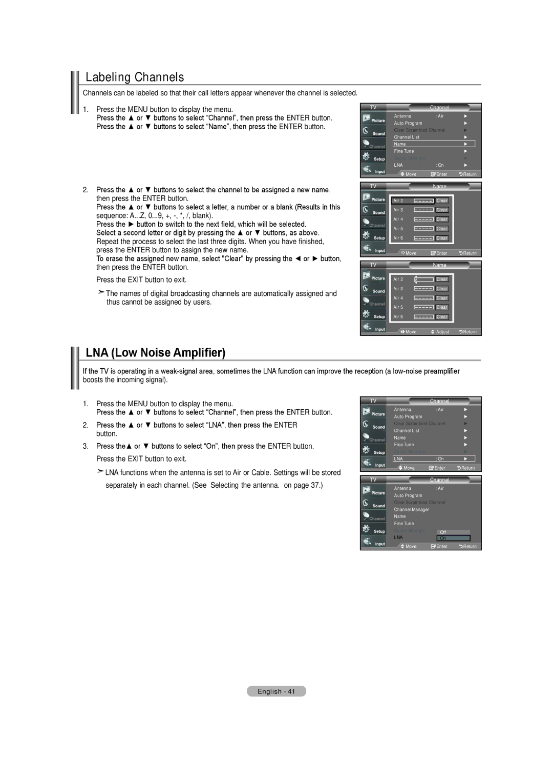 Samsung LN-T4642H manual Labeling Channels, LNA Low Noise Amplifier, TVName 