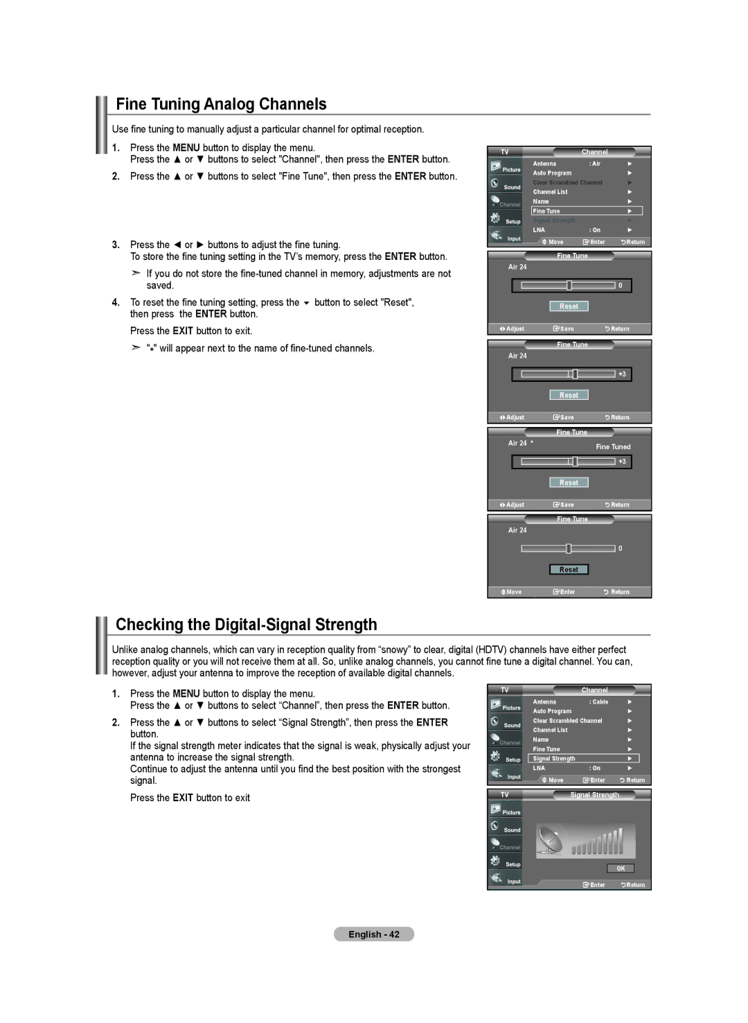 Samsung LN-T4642H manual Fine Tuning Analog Channels, Checking the Digital-Signal Strength, Fine Tune Air Reset 