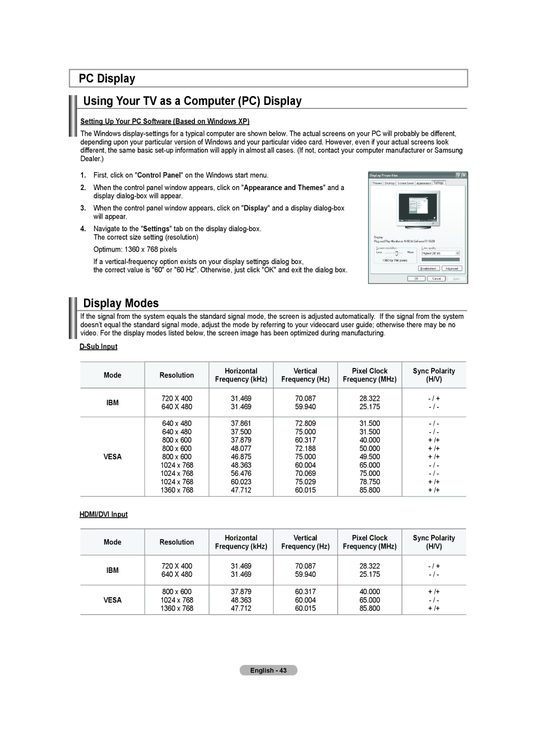 Samsung LN-T4642H manual PC Display Using Your TV as a Computer PC Display, Display Modes, HDMI/DVI Input 