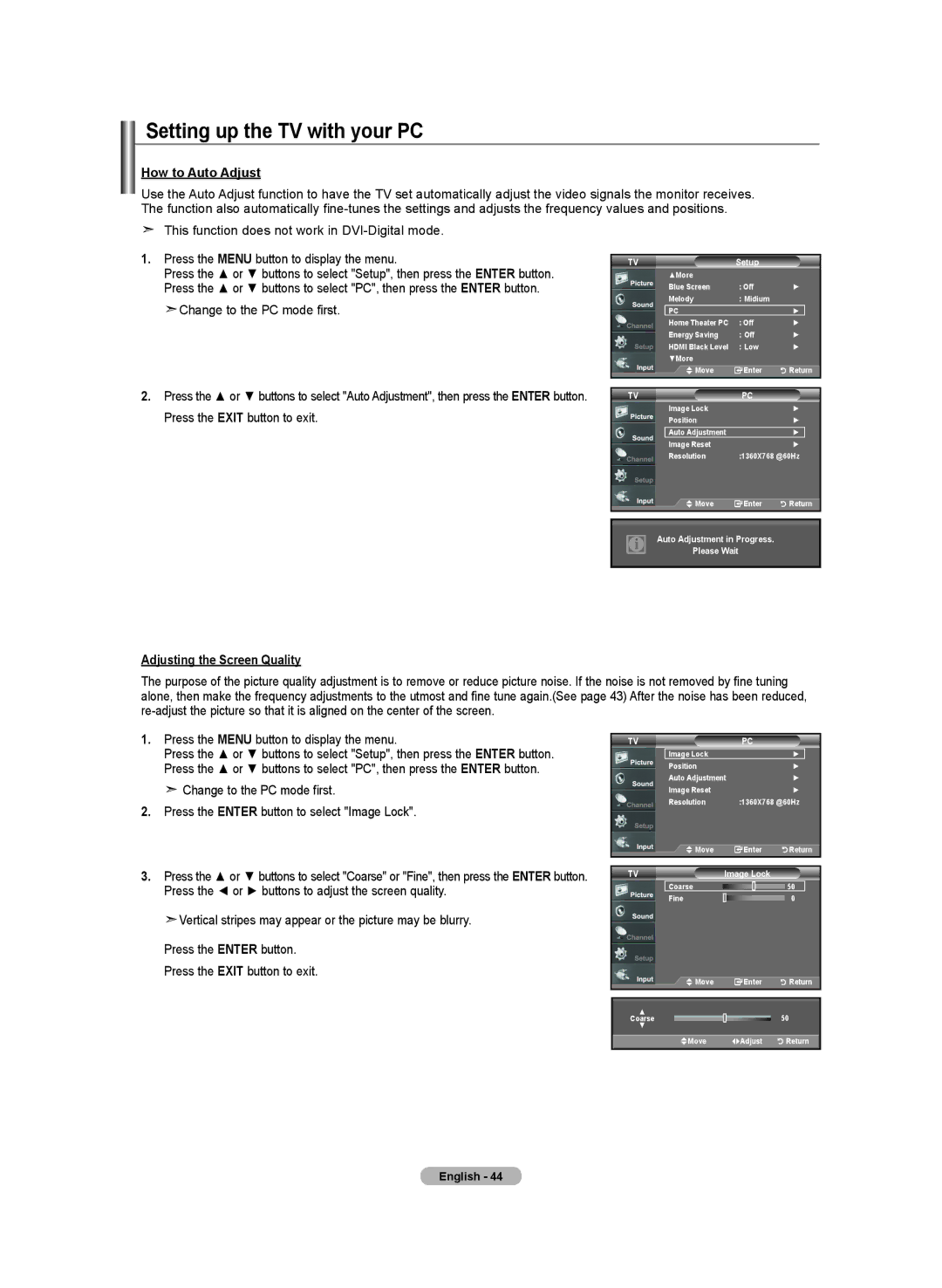 Samsung LN-T4642H manual Setting up the TV with your PC, How to Auto Adjust, Adjusting the Screen Quality 