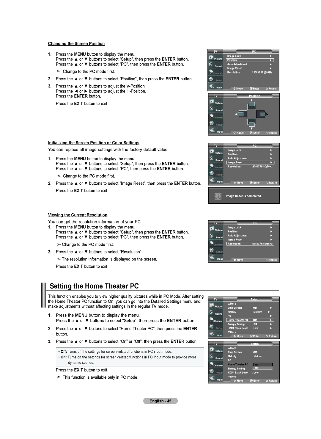 Samsung LN-T4642H manual Setting the Home Theater PC, Changing the Screen Position, Change to the PC mode first 