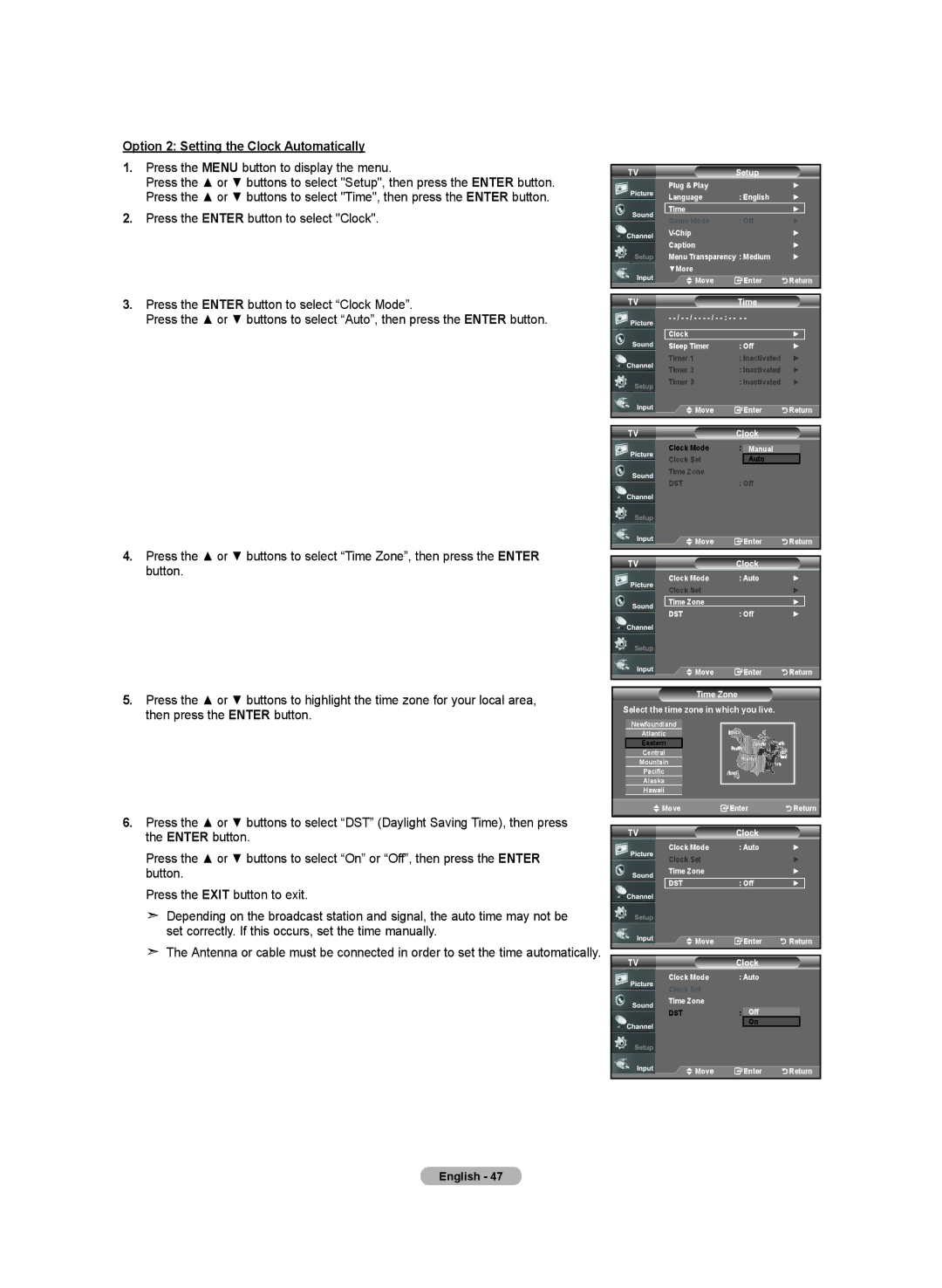 Samsung LN-T4642H manual Option 2 Setting the Clock Automatically, Time Zone Select the time zone in which you live 