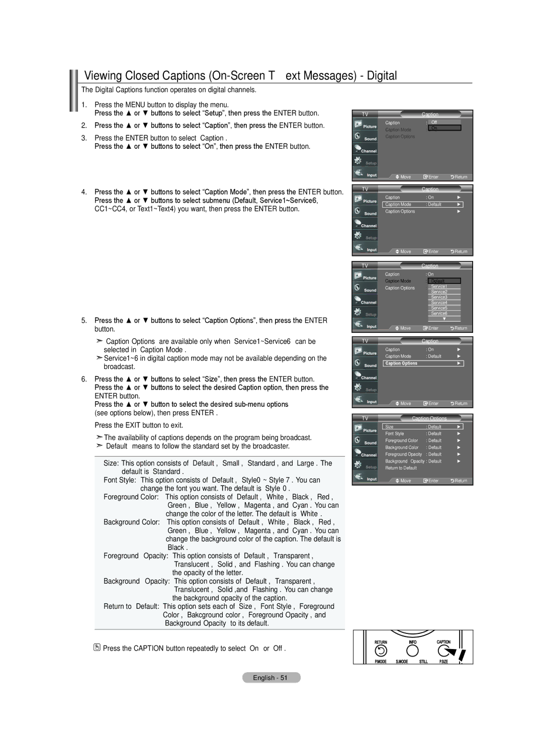 Samsung LN-T4642H manual Viewing Closed Captions On-Screen Text Messages Digital, Caption Options 