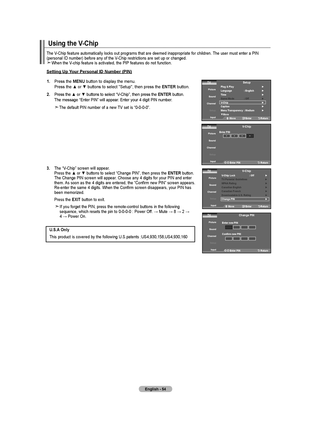 Samsung LN-T4642H manual Using the V-Chip, Setting Up Your Personal ID Number PIN, A Only 