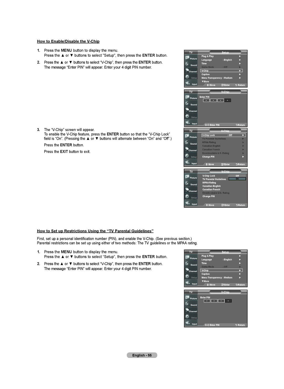 Samsung LN-T4642H manual How to Enable/Disable the V-Chip, How to Set up Restrictions Using the TV Parental Guidelines 