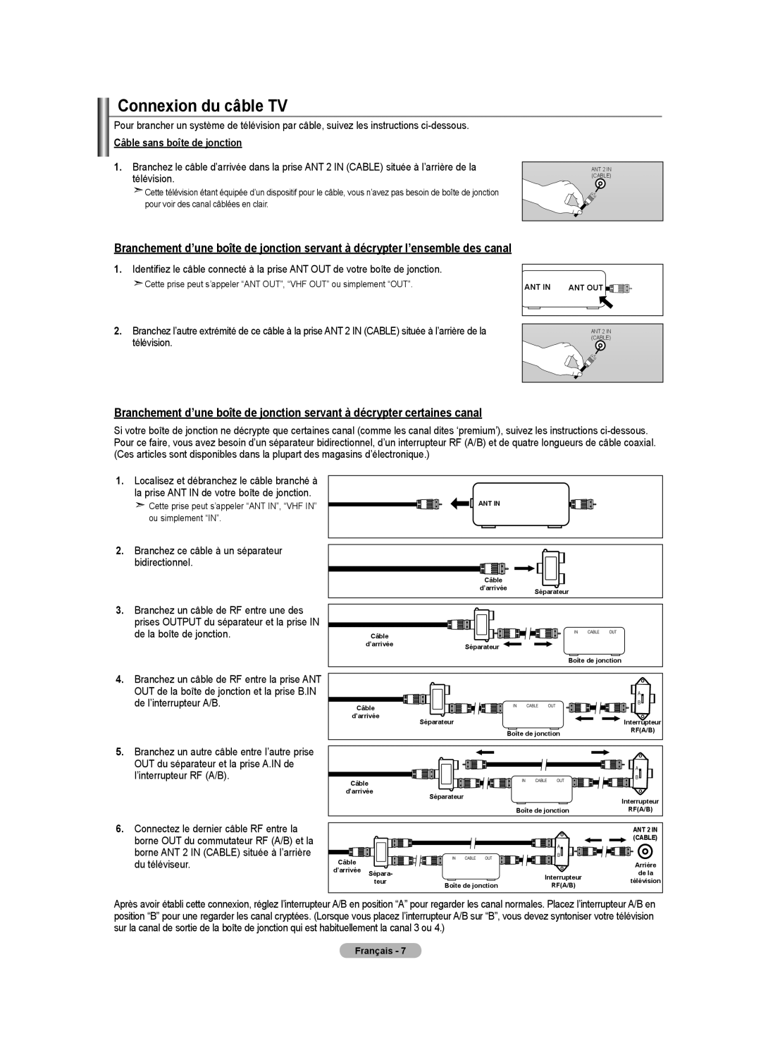 Samsung LN-T4642H manual Connexion du câble TV, Câble sans boîte de jonction 