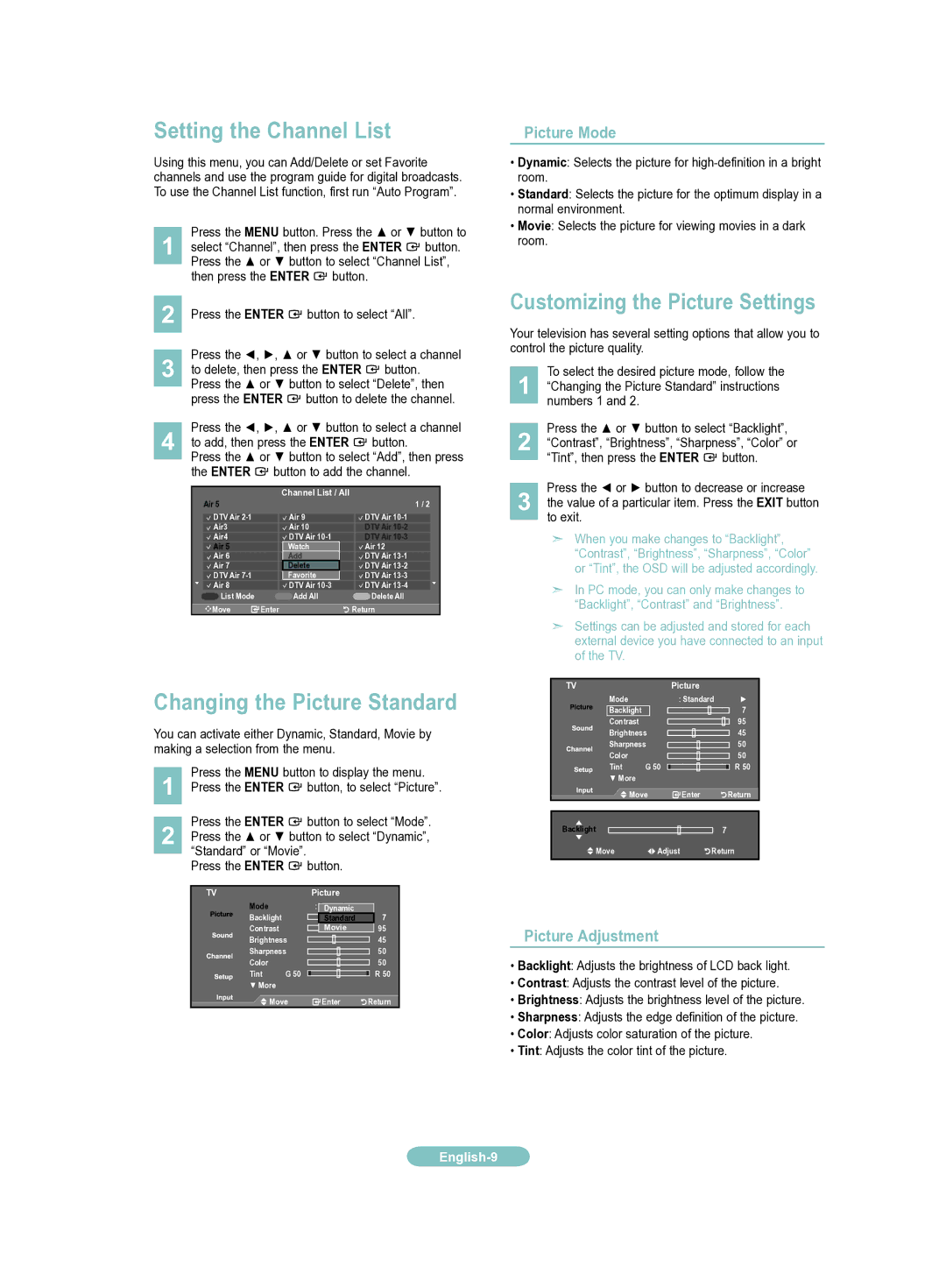 Samsung LN19A331J1D manual Setting the Channel List, Customizing the Picture Settings, Changing the Picture Standard 