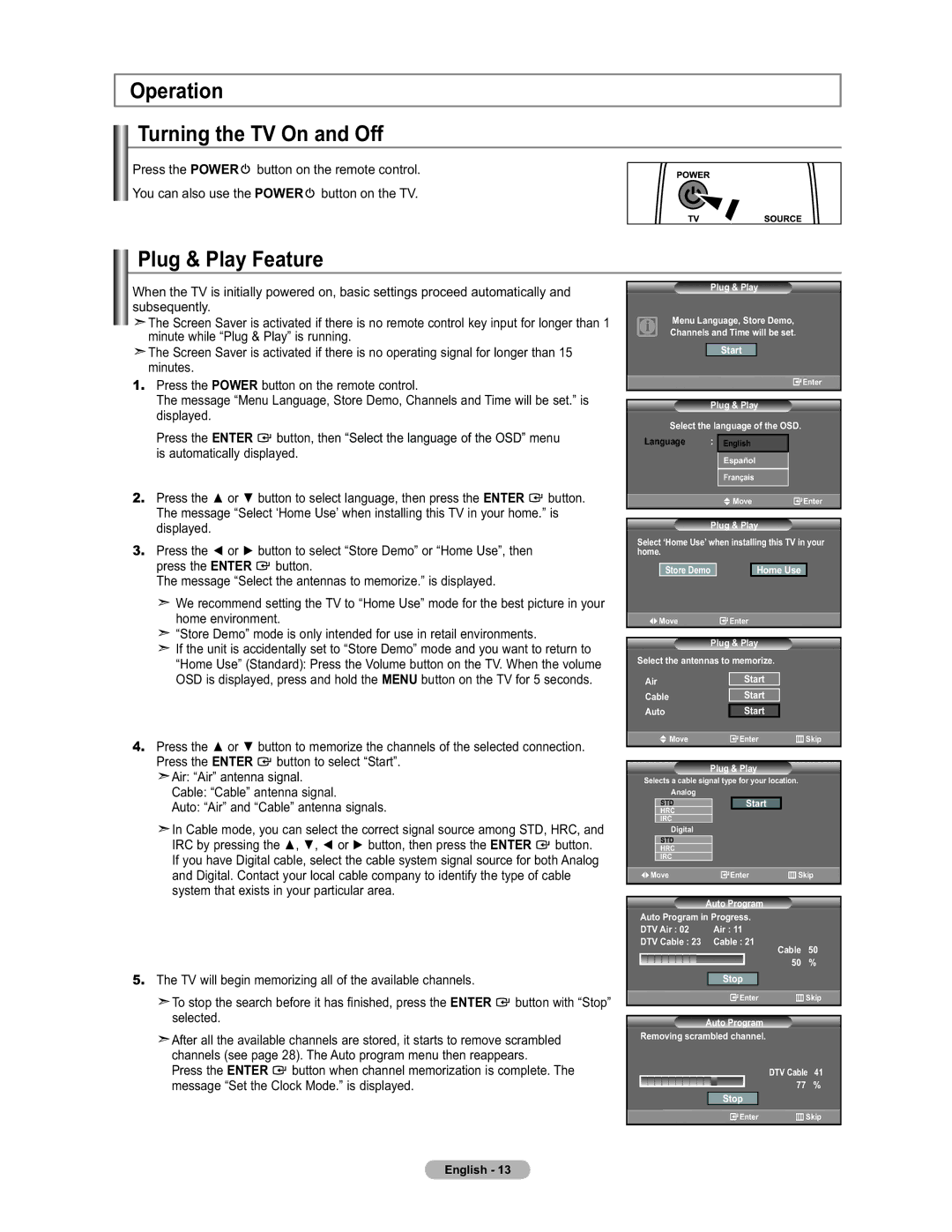 Samsung LN19A450 user manual Operation Turning the TV On and Off, Plug & Play Feature, Displayed Press 