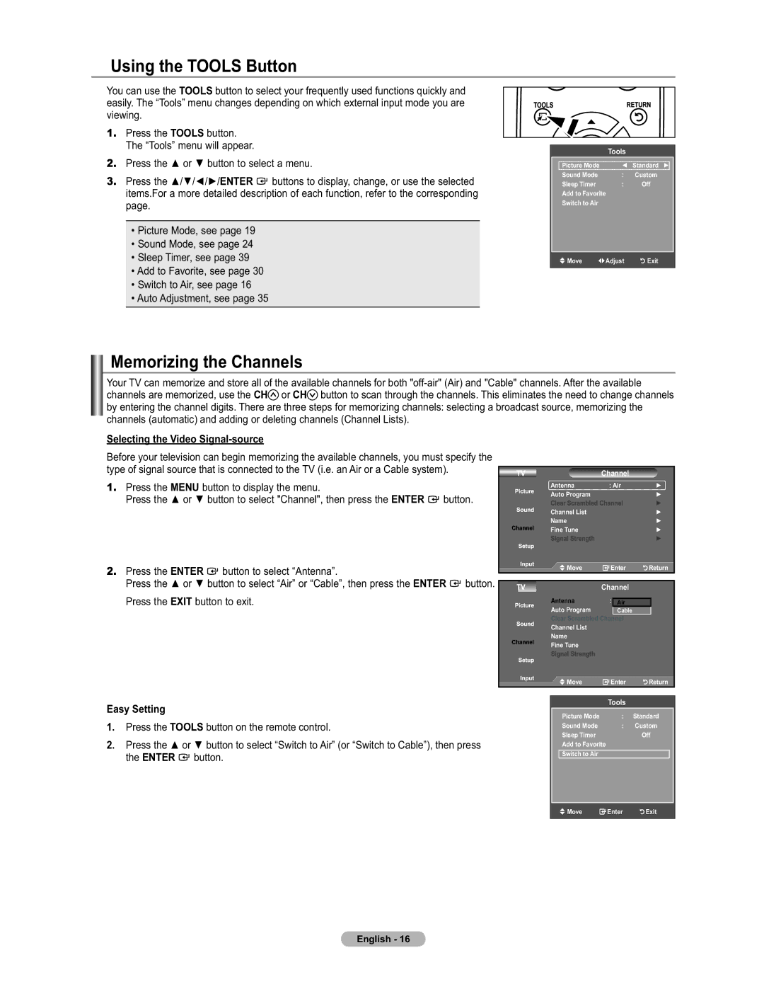 Samsung LN19A450 Using the Tools Button, Memorizing the Channels, Selecting the Video Signal-source, Easy Setting 