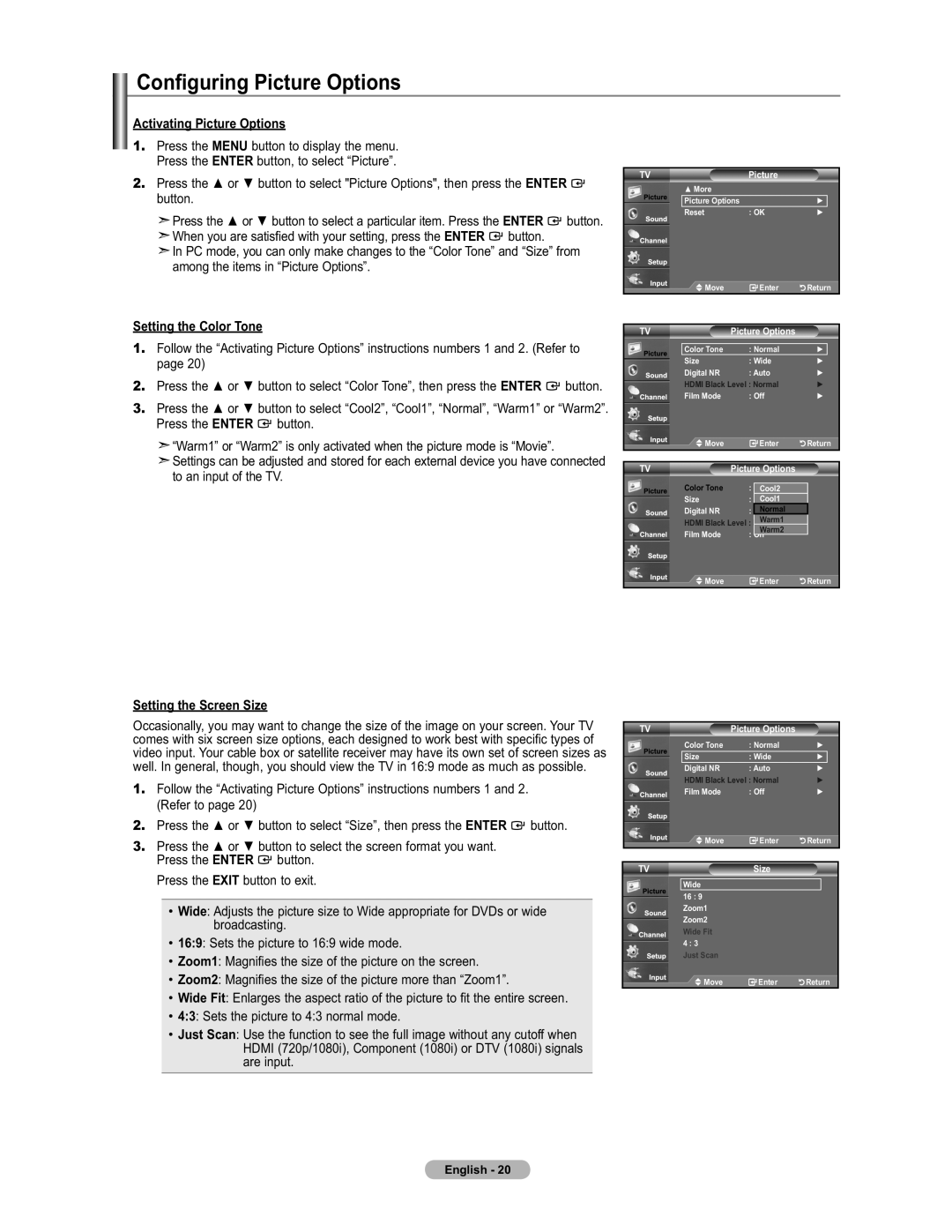 Samsung LN19A450 user manual Con, Activating Picture Options, Setting the Color Tone, Setting the Screen Size 