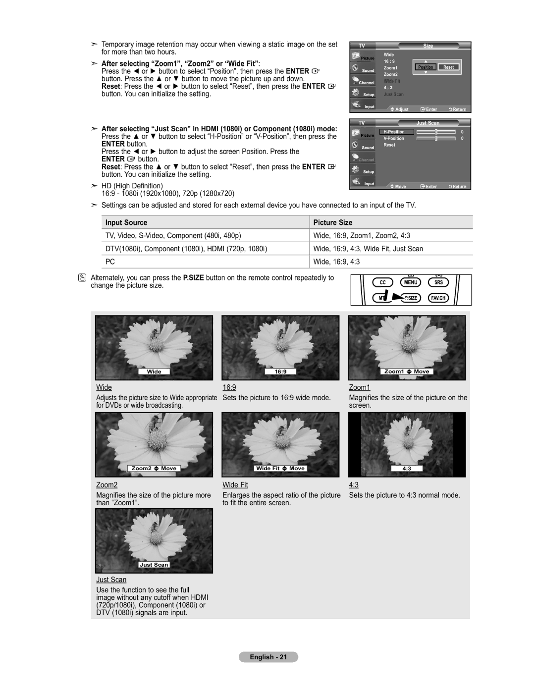 Samsung LN19A450 user manual After selecting Zoom1, Zoom2 or Wide Fit, Input Source Picture Size, To fit the entire screen 