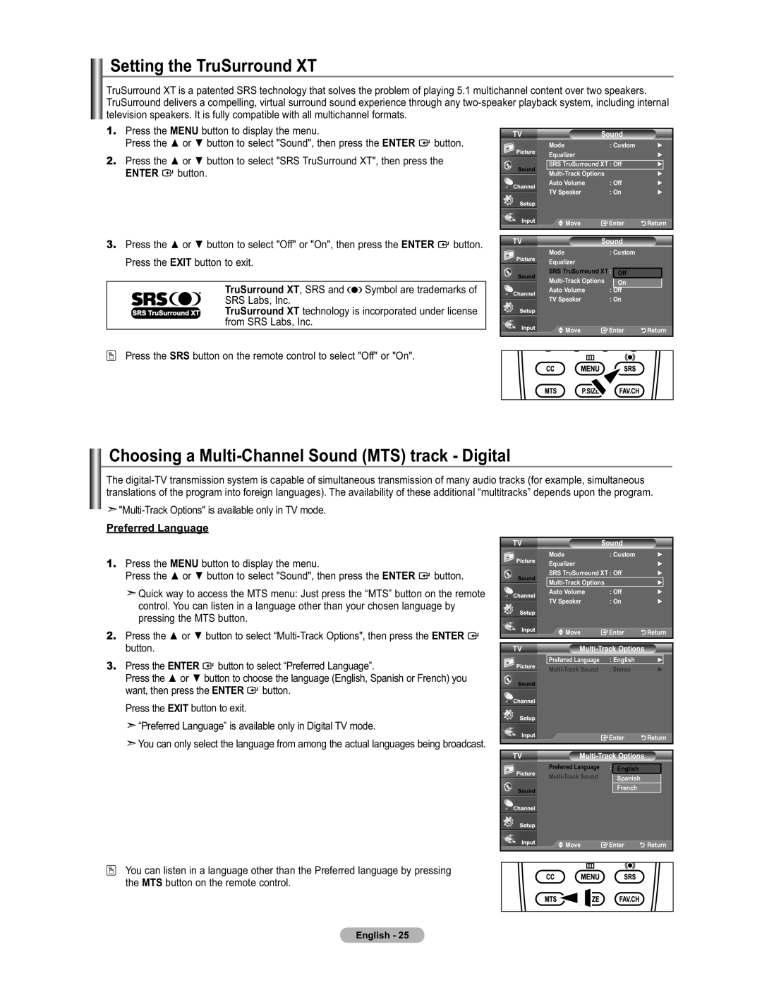 Samsung LN19A450 Setting the TruSurround XT, Choosing a Multi-Channel Sound MTS track Digital, Preferred Language 