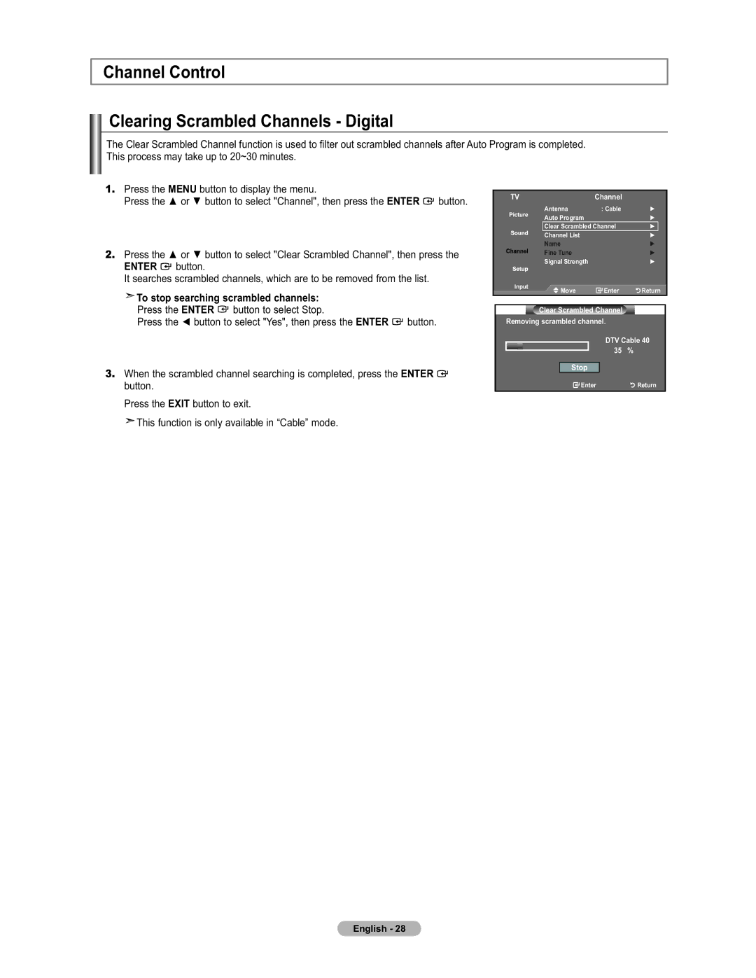 Samsung LN19A450 user manual Channel Control Clearing Scrambled Channels Digital, To stop searching scrambled channels 