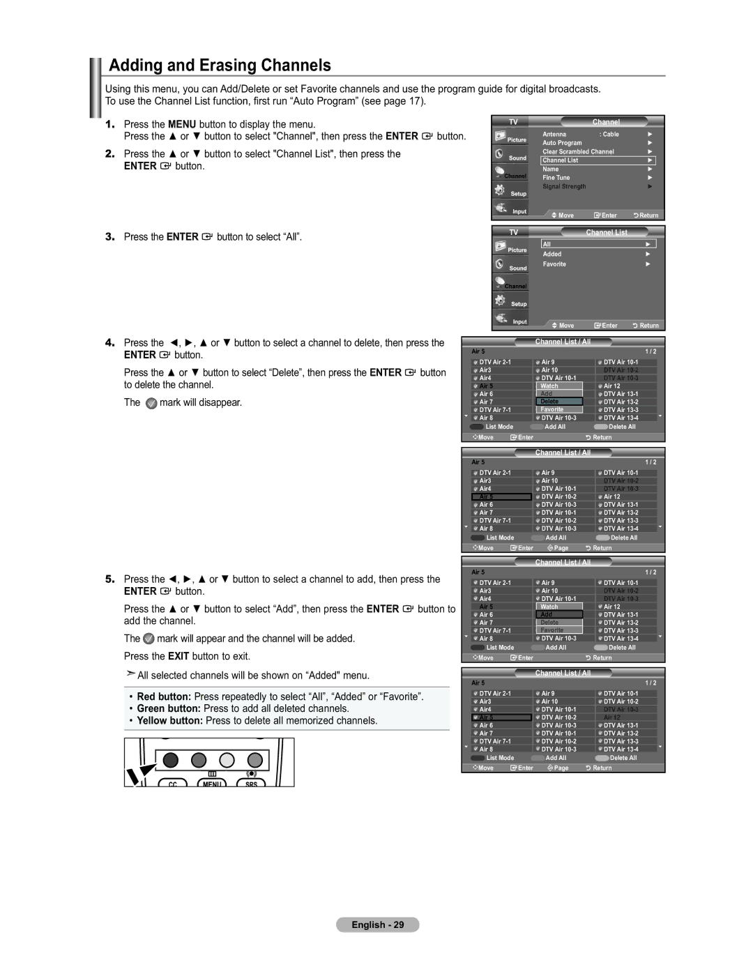 Samsung LN19A450 user manual Adding and Erasing Channels, Press the Enter button to select All, Channel List / All 