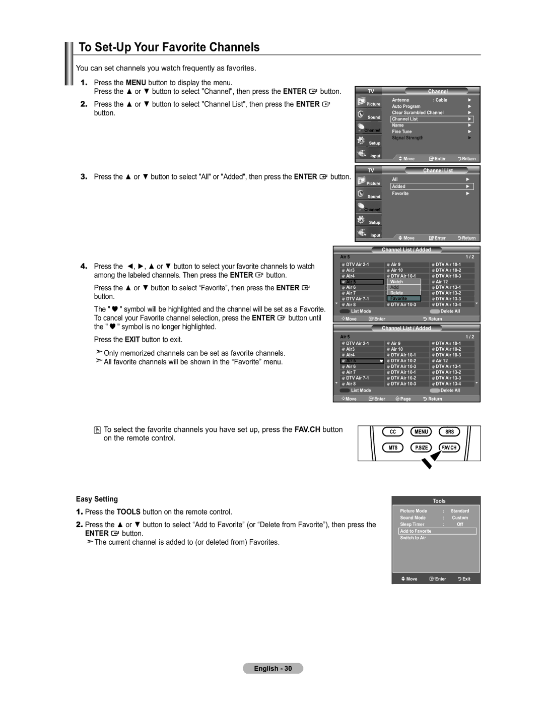 Samsung LN19A450 To Set-Up Your Favorite Channels, Press the Tools button on the remote control, Channel List / Added 