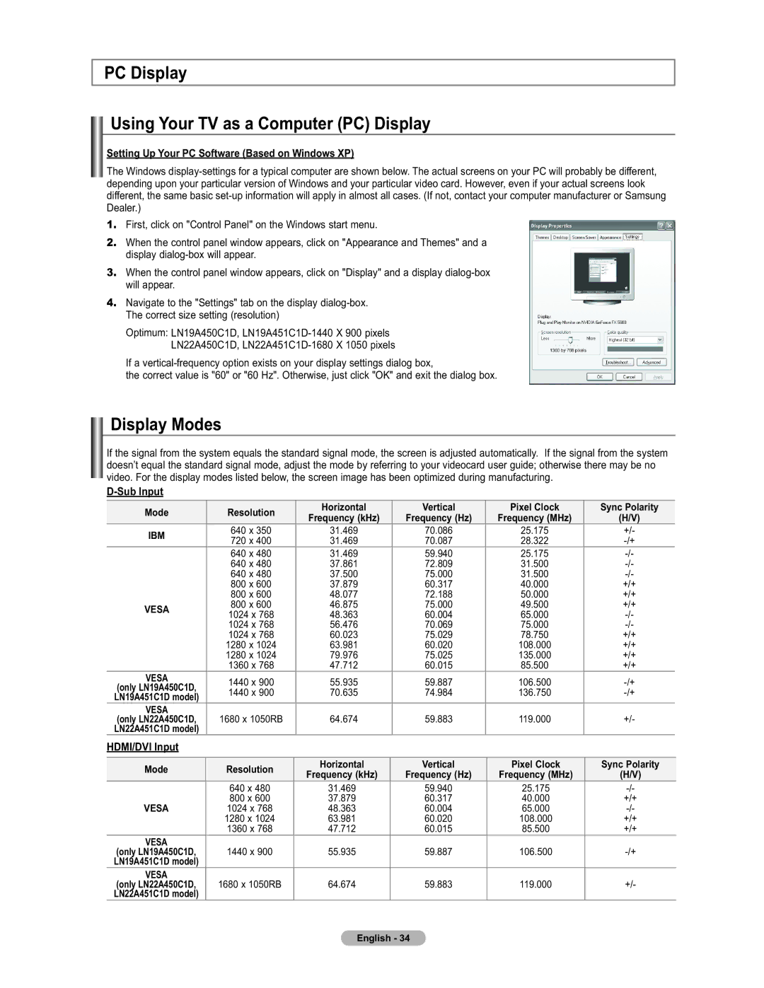 Samsung LN19A450 user manual PC Display Using Your TV as a Computer PC Display, Display Modes, Sub Input, HDMI/DVI Input 