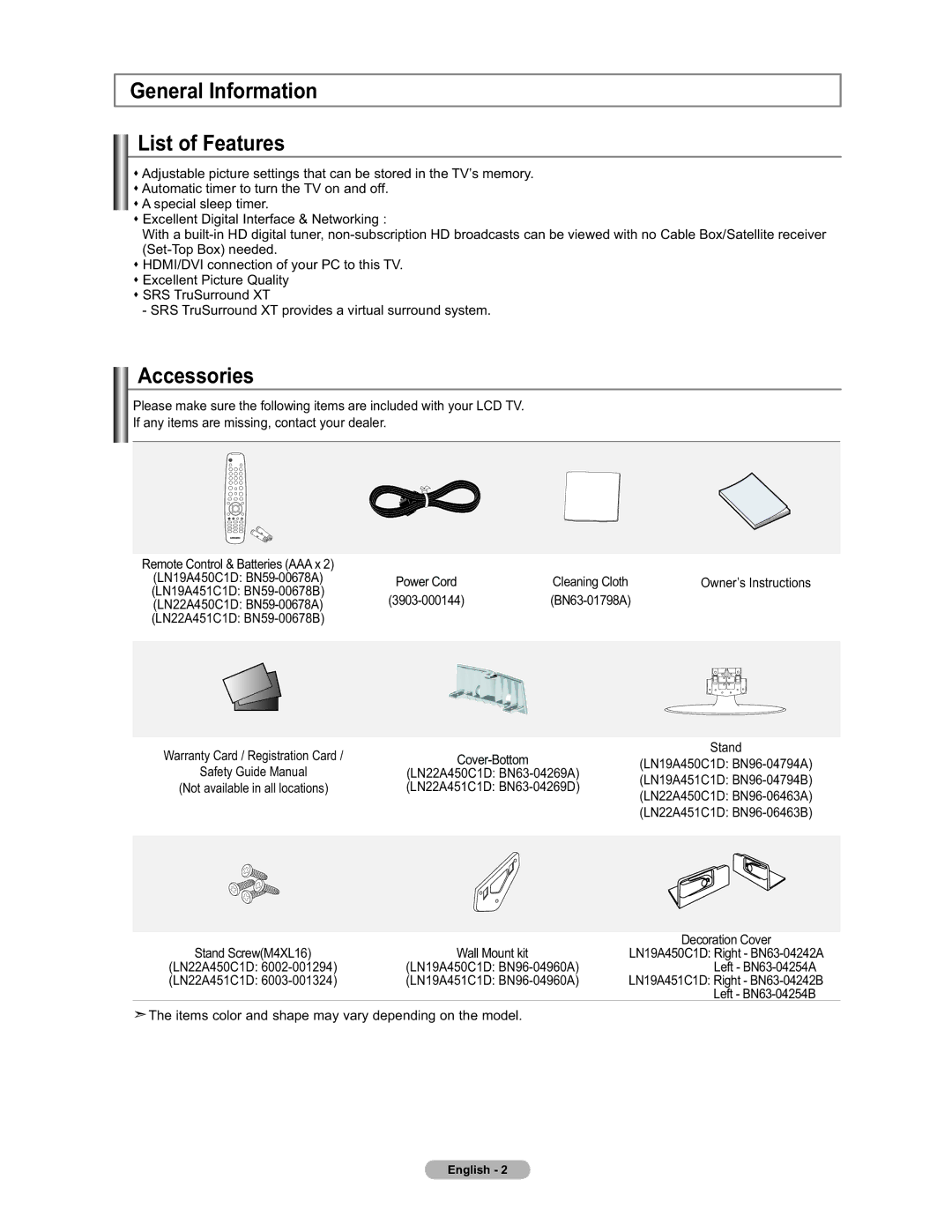 Samsung LN19A450 user manual General Information List of Features, Accessories 