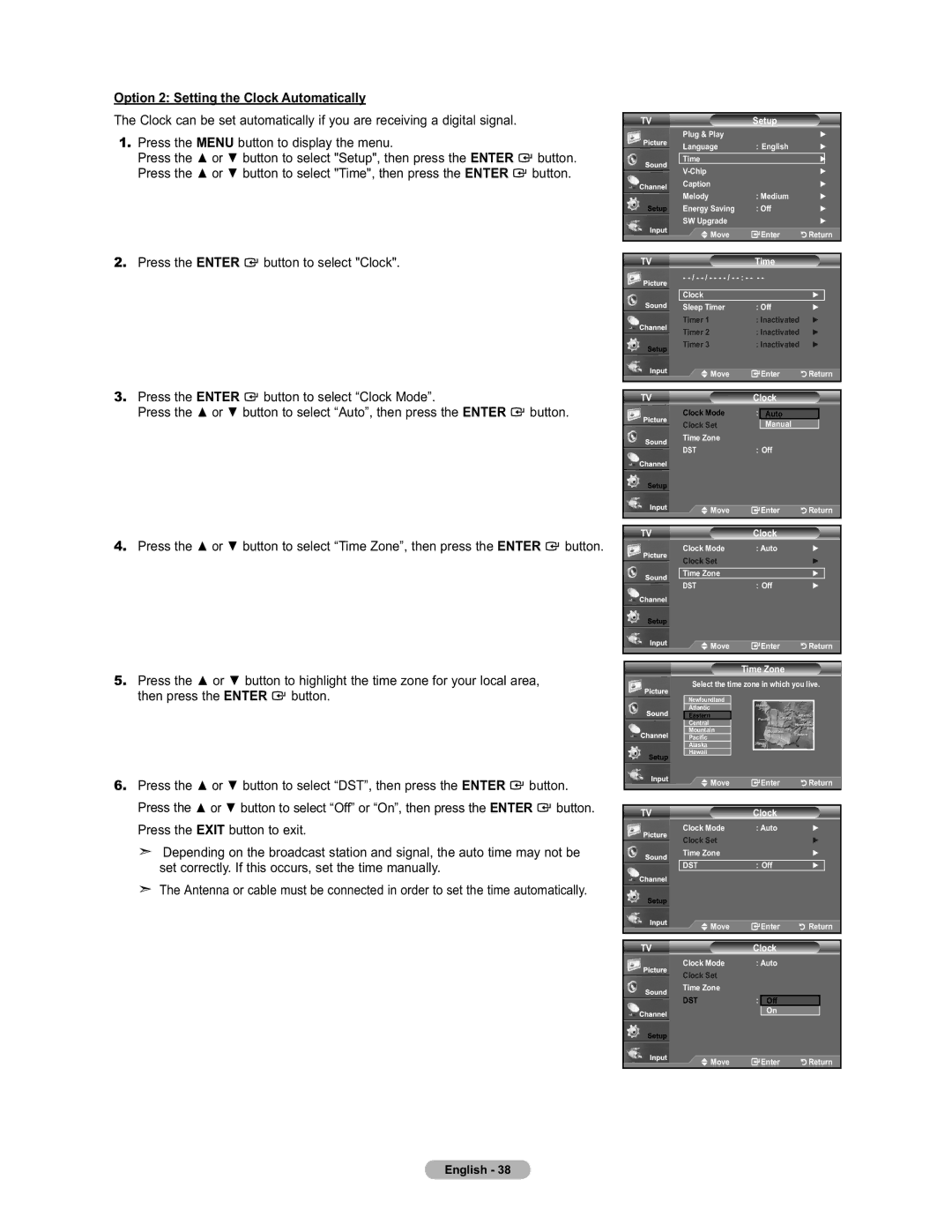 Samsung LN19A450 user manual Option 2 Setting the Clock Automatically, Time Zone, TVClock 