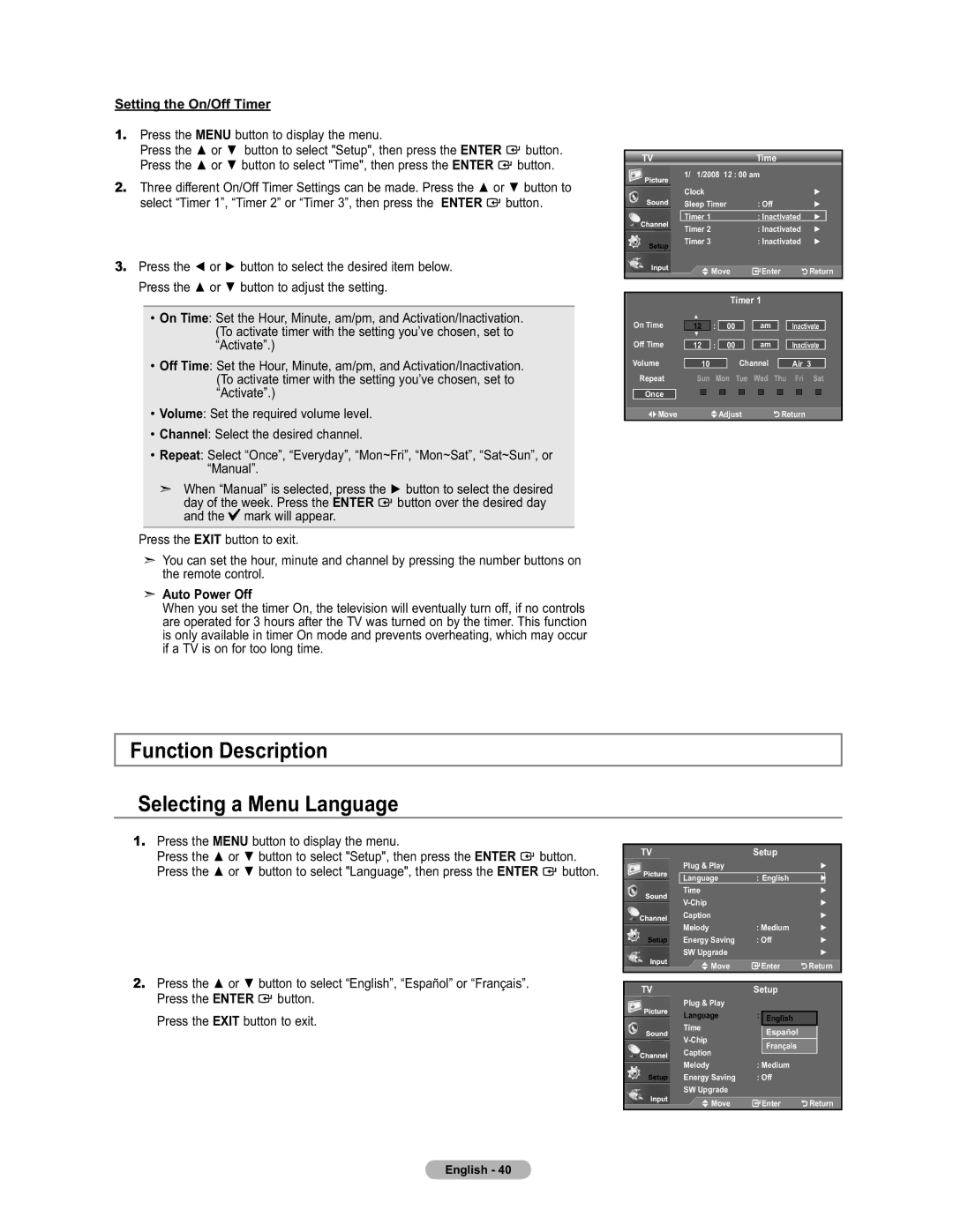 Samsung LN19A450 Function Description Selecting a Menu Language, Setting the On/Off Timer, Press orthe, Auto Power Off 