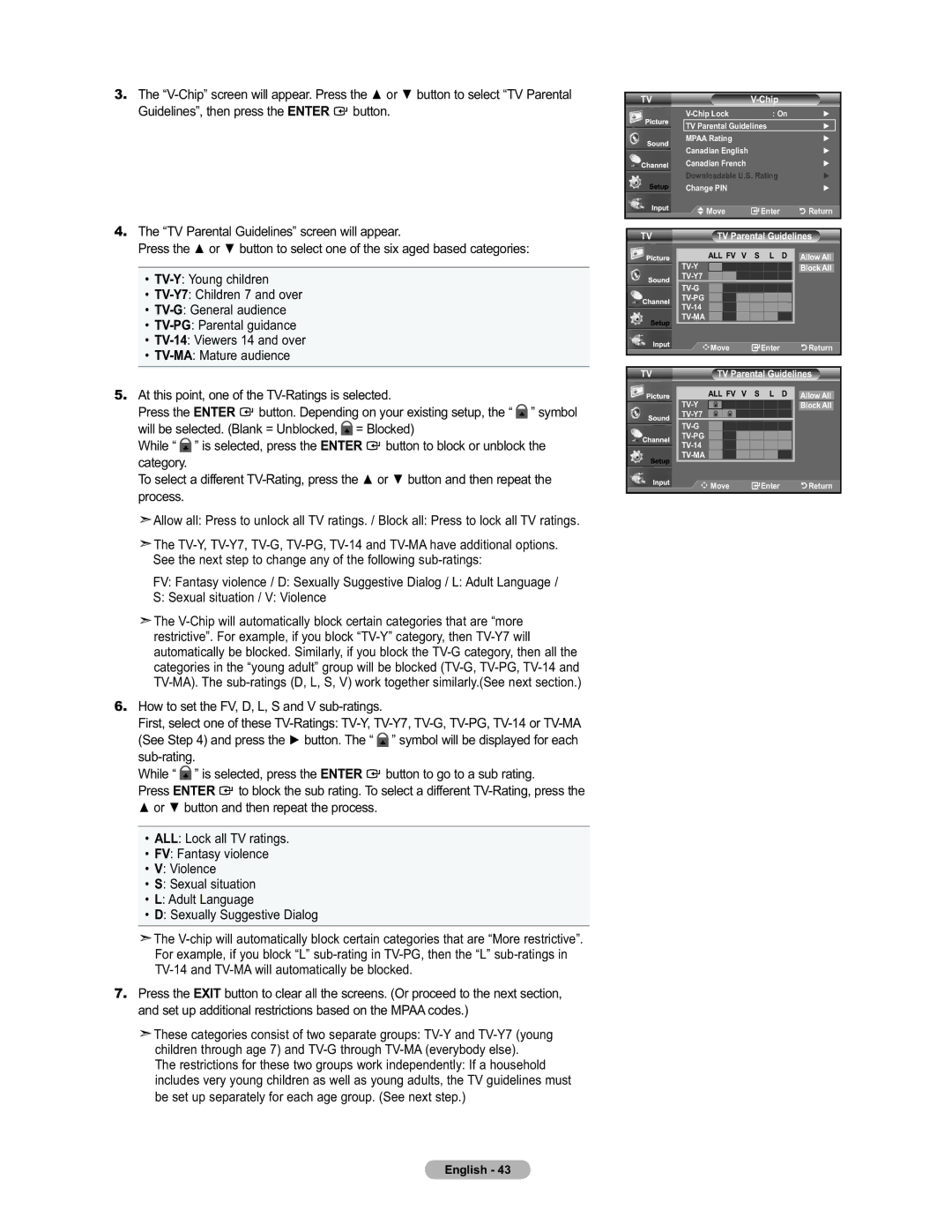 Samsung LN19A450 V-Chip screen will appear. Press, Button TV Parental Guidelines screen will appear Press, Process 