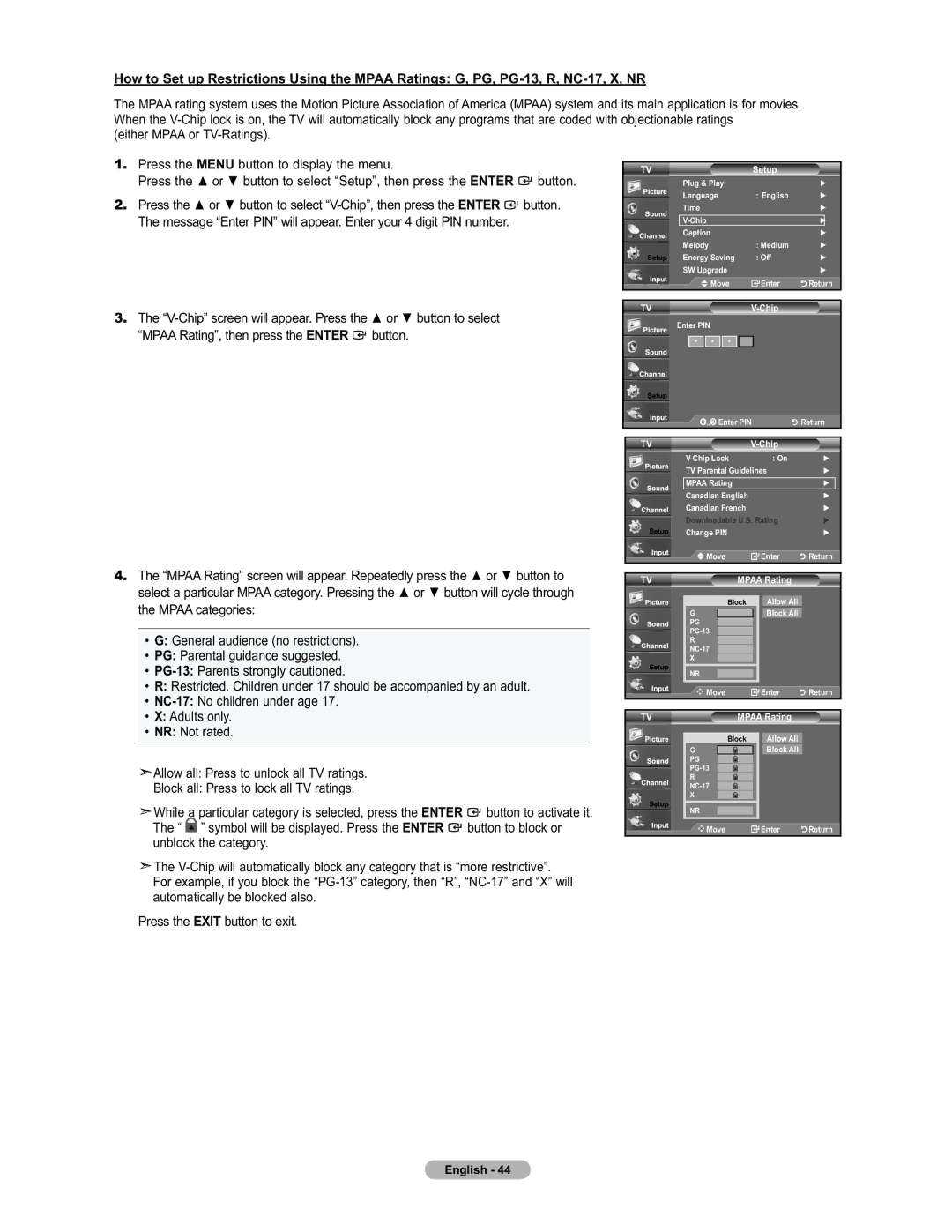 Samsung LN19A450 Mpaa Rating, then press the Enter button, Button to, Select a particular Mpaa category. Pressing 