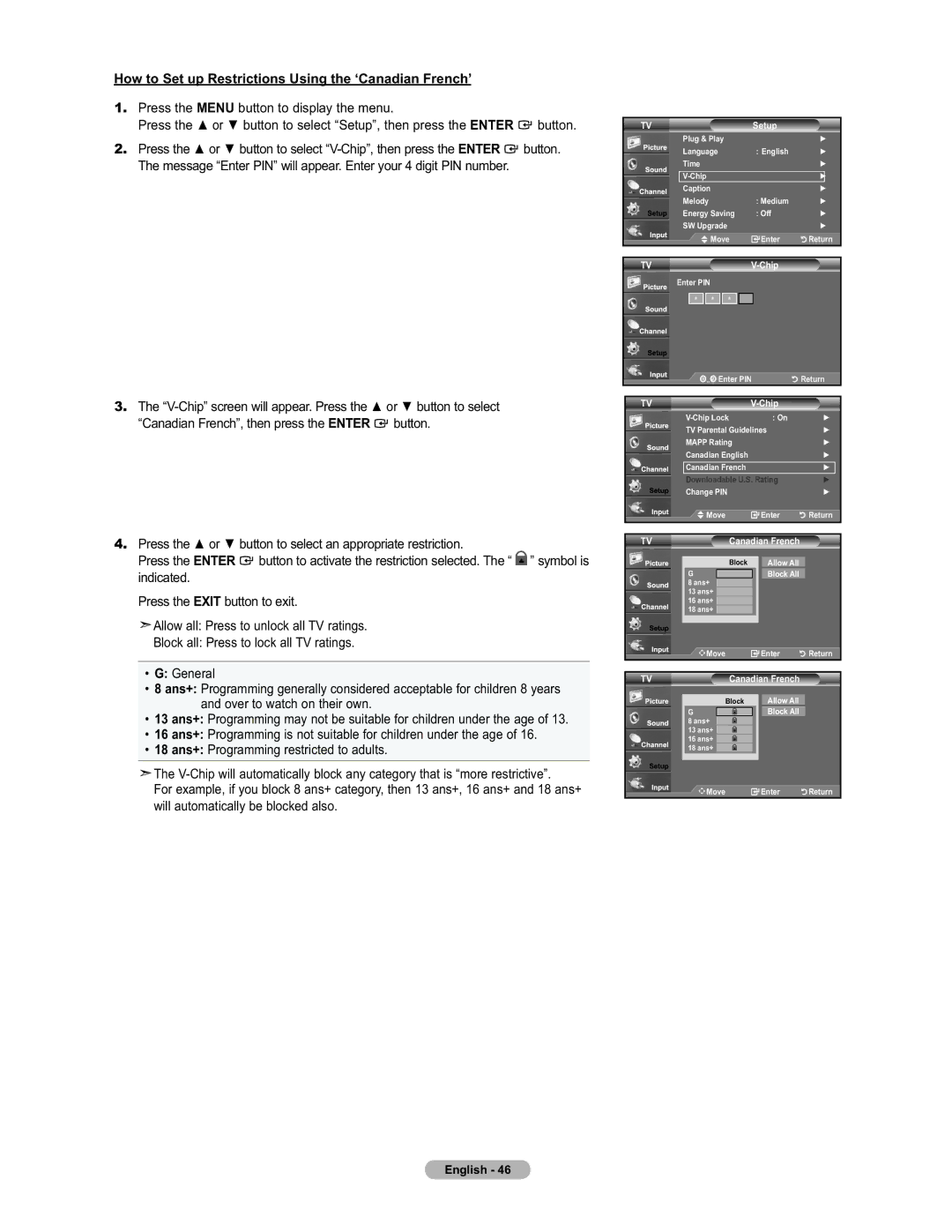 Samsung LN19A450 user manual How to Set up Restrictions Using the ‘Canadian French’ 